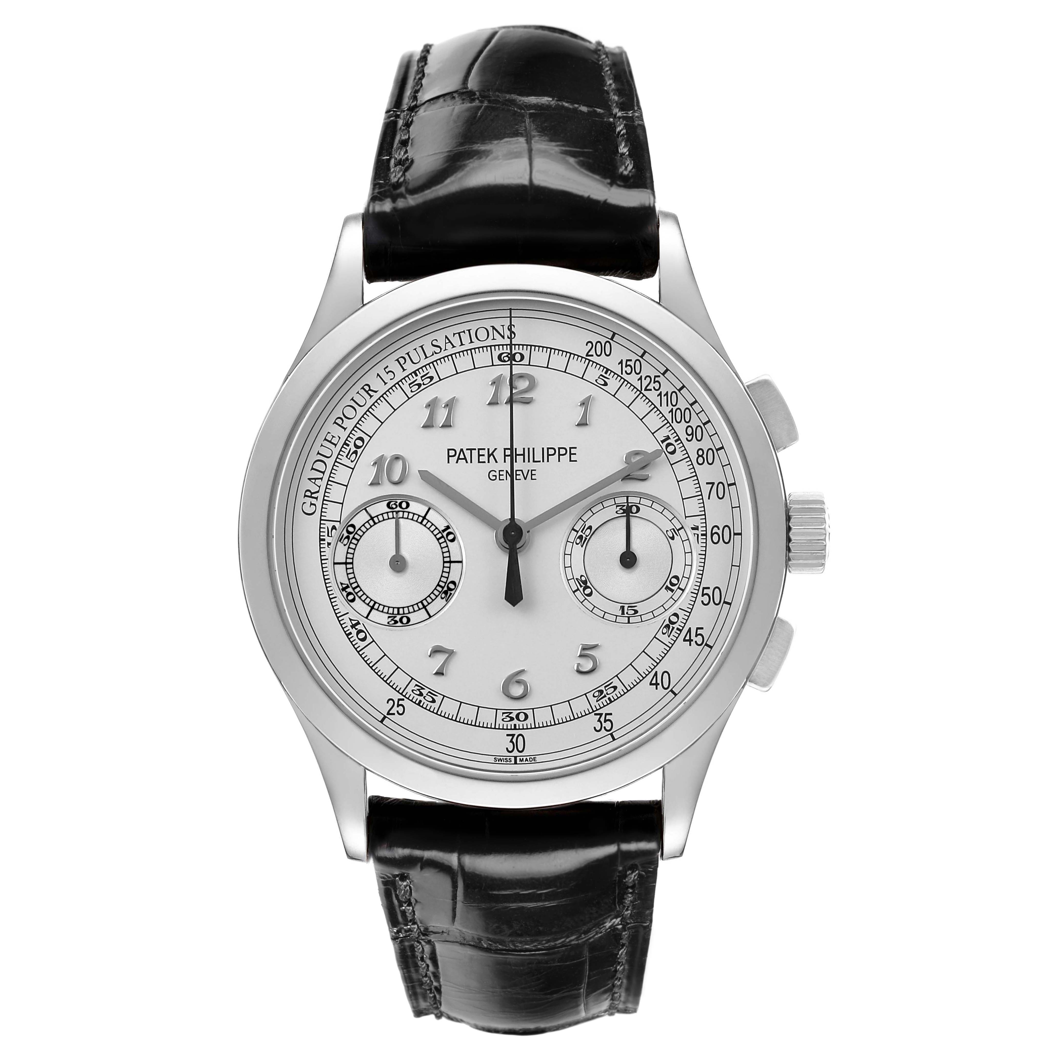 The Patek Philippe Complications 5170G-001 Men's White Gold White Dial watch is shown from a front angle, displaying the face, subdials, and leather strap.