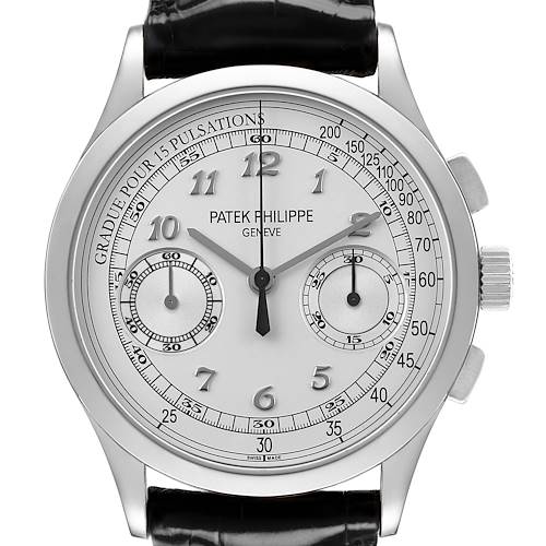 The Patek Philippe Complications 5170G-001 Men's White Gold White Dial watch is shown from the front, highlighting the dial, hands, subdials, and black leather strap.