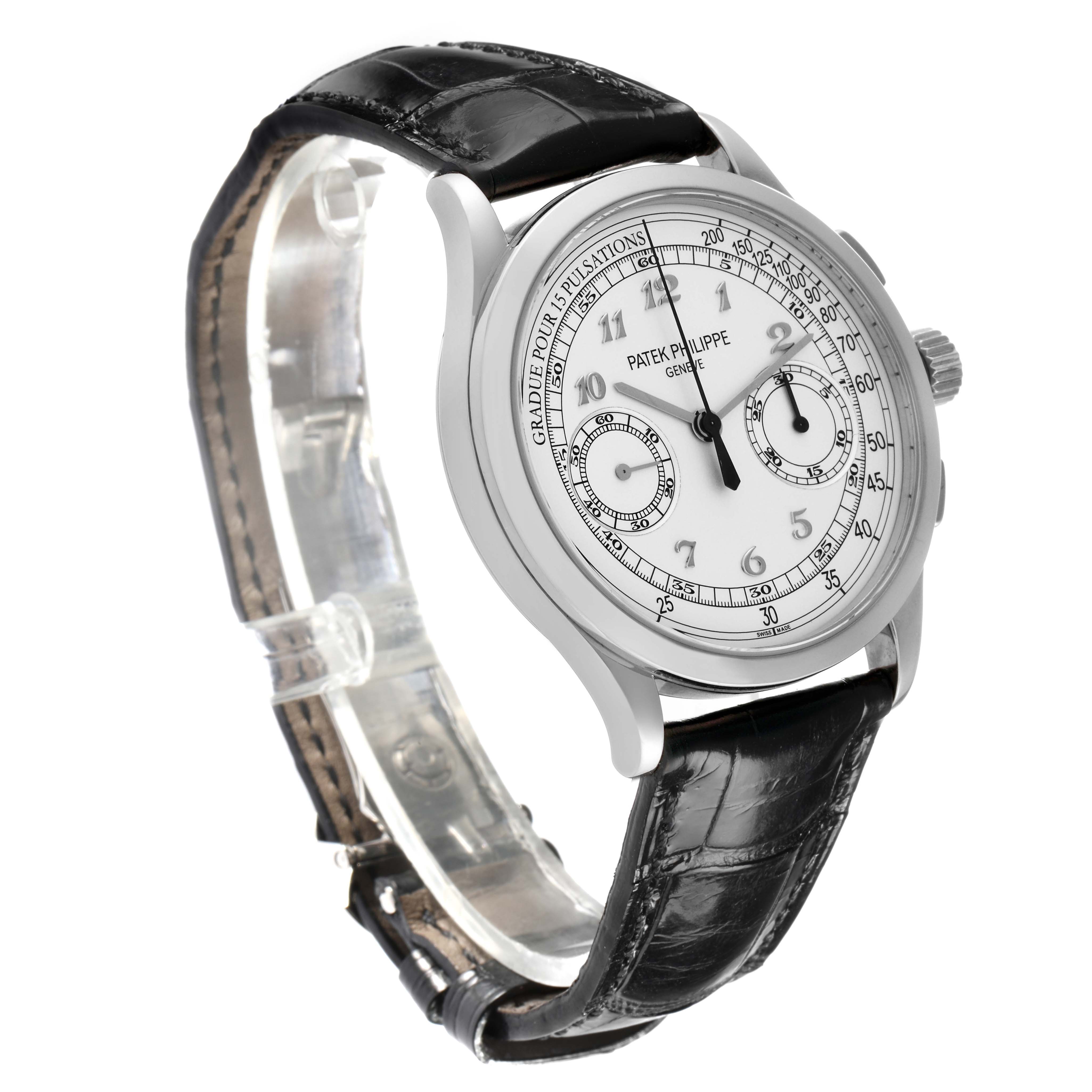 The Patek Philippe Complications 5170G-001 Men's White Gold White Dial watch is shown in a side angle, displaying the dial, case, and leather strap.
