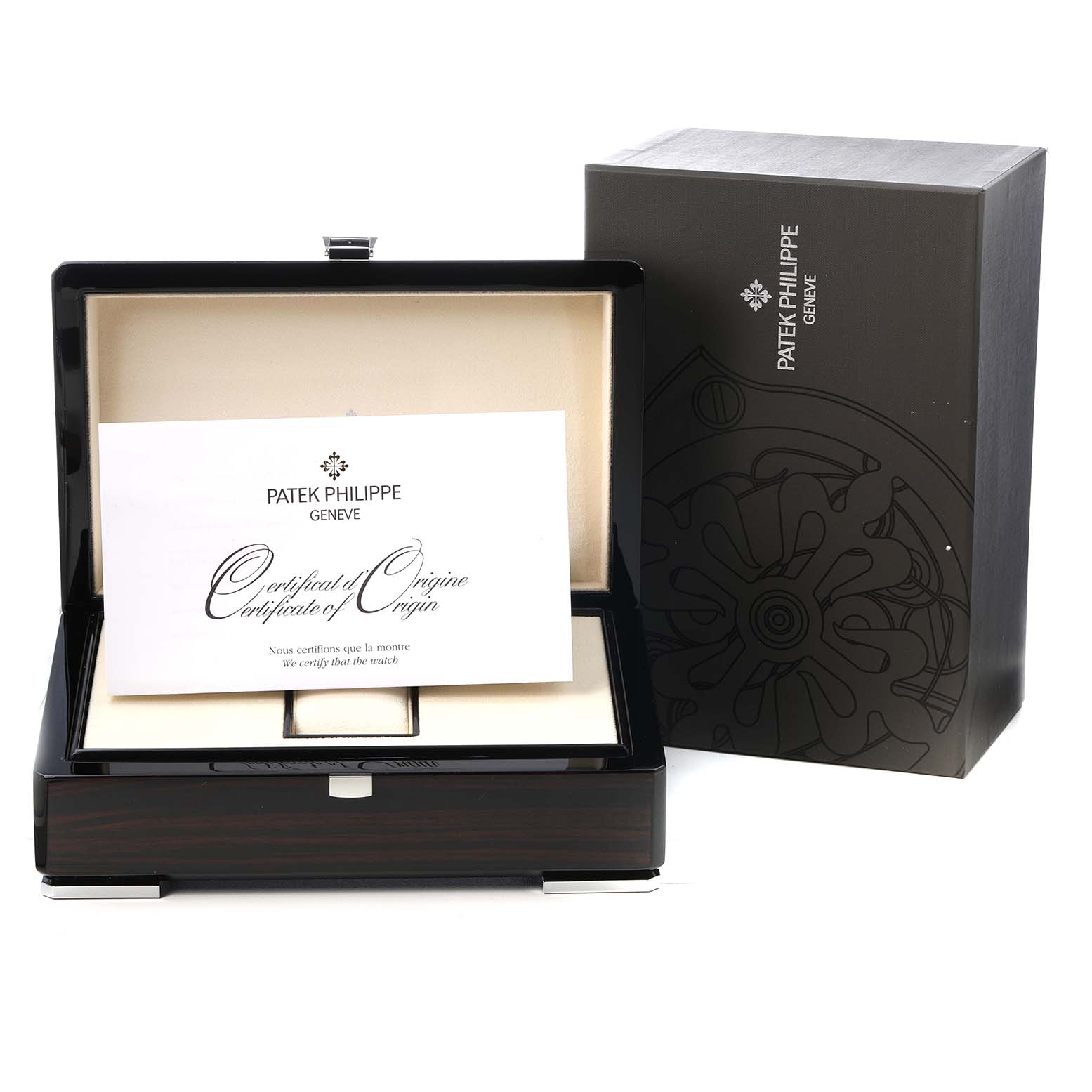 The image shows the box and certificate of a Patek Philippe Complications 5170G-001 Men's White Gold White Dial model, without displaying the watch itself.