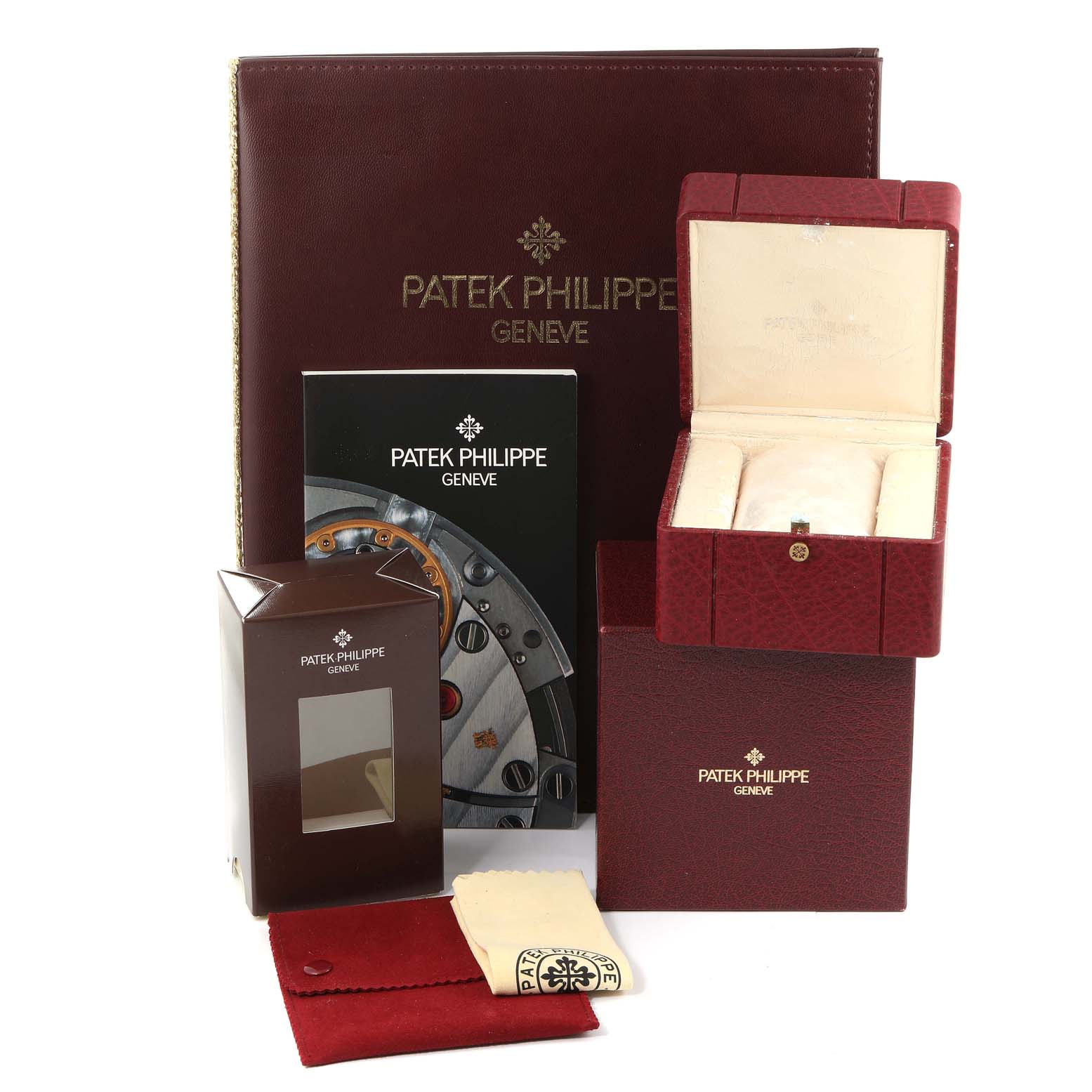 The image shows the packaging contents and accessories for a Patek Philippe Nautilus 3800/1 Men's Stainless Steel White Dial 3800/1 Men's Stainless Steel White Dial watch, including boxes, booklets, and a cleaning cloth.