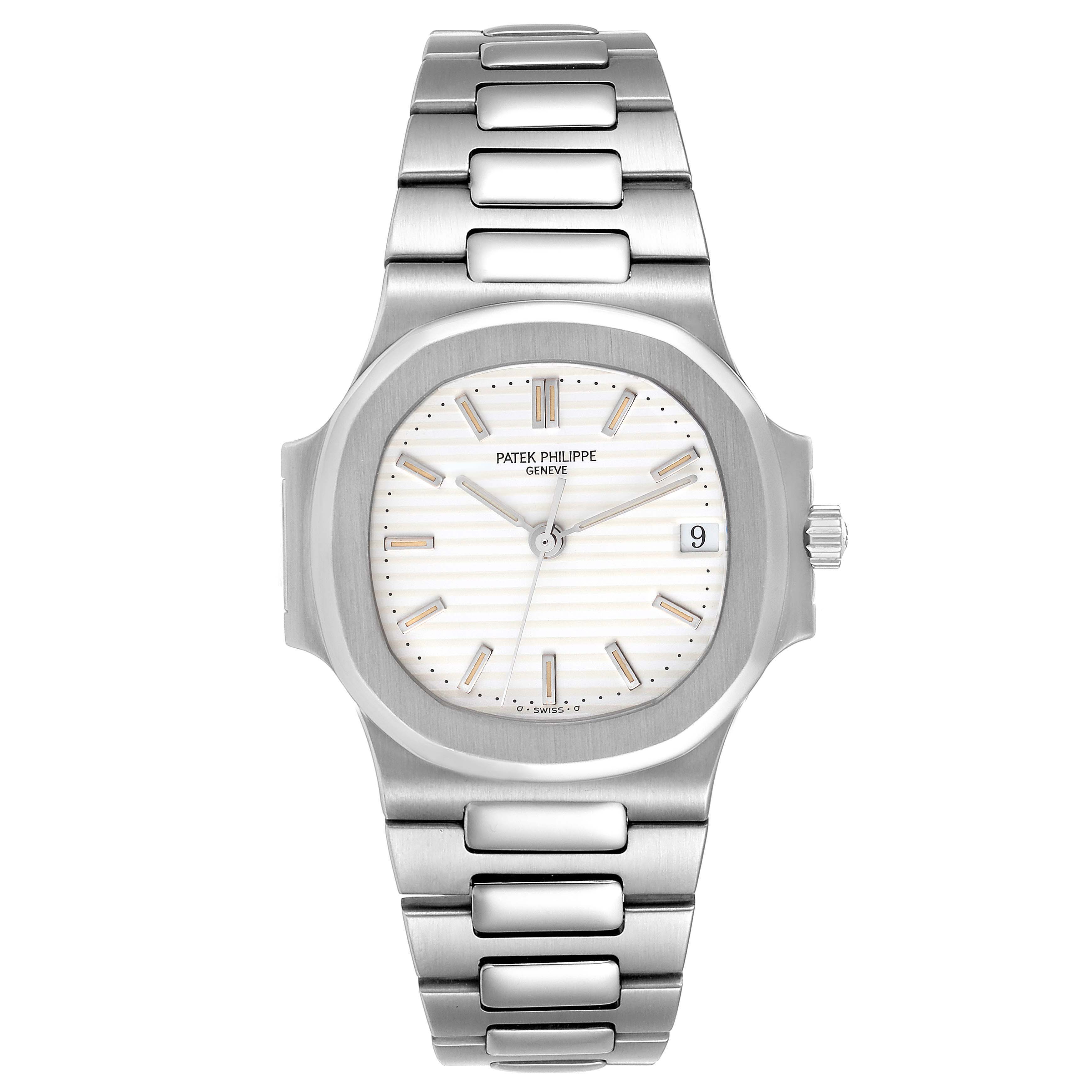 The image shows a front view of the Patek Philippe Nautilus 3800/1 Men's Stainless Steel White Dial 3800/1 Men's Stainless Steel White Dial watch, displaying the dial, hands, bracelet, and crown.