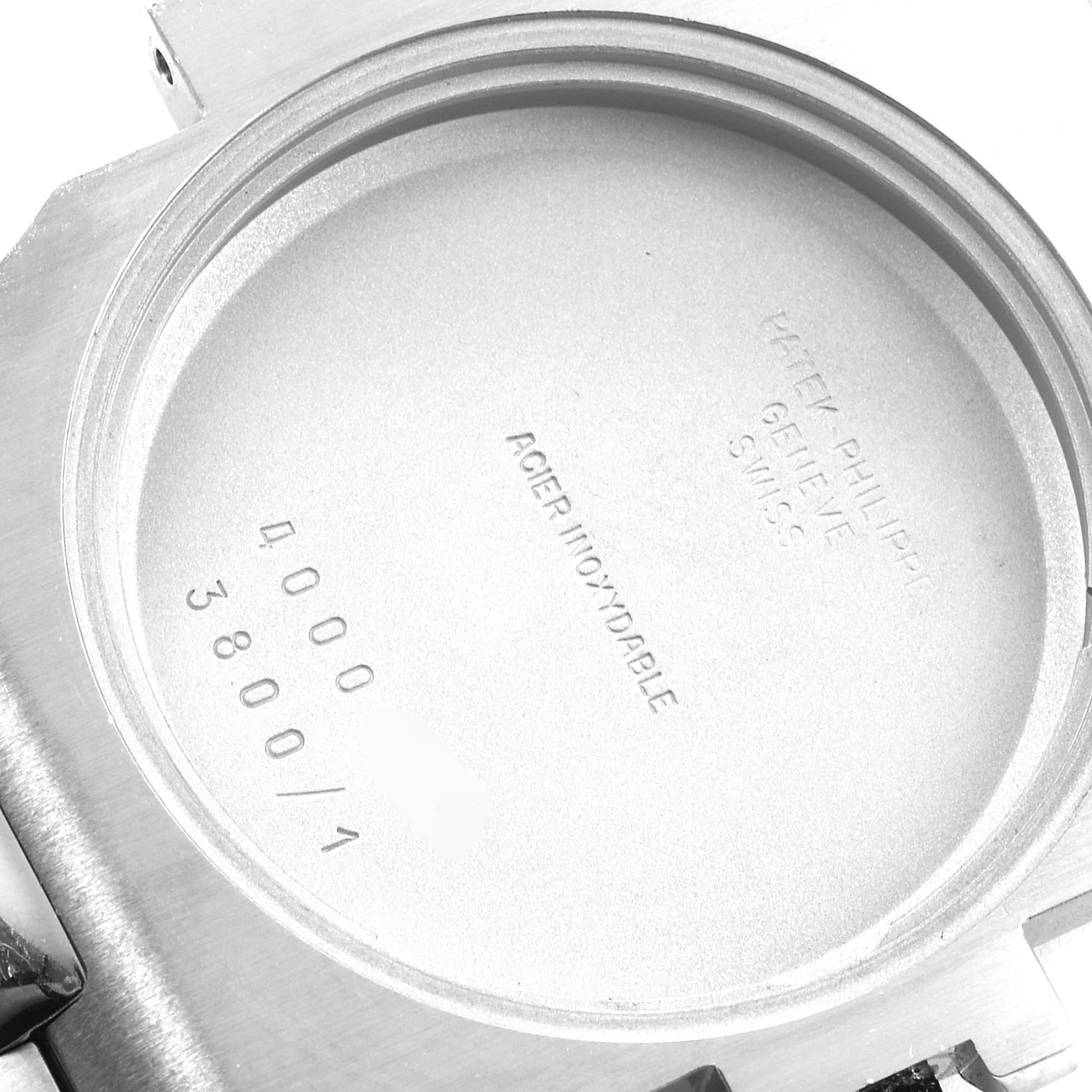 This image shows the inner case back of a Patek Philippe Nautilus 3800/1 Men's Stainless Steel White Dial 3800/1 Men's Stainless Steel White Dial watch model, displaying stamped markings.