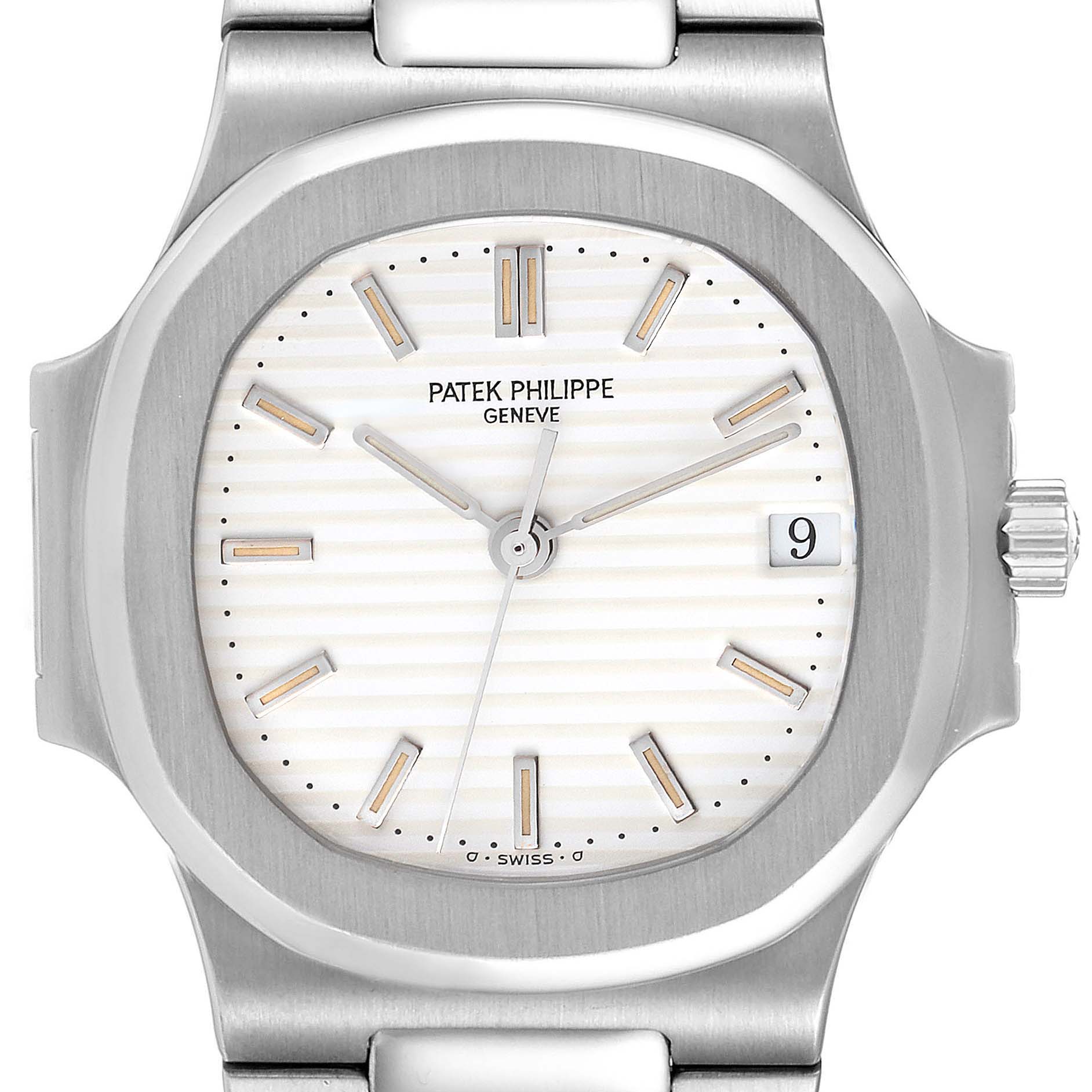 The image shows a front view of a Patek Philippe Nautilus 3800/1 Men's Stainless Steel White Dial 3800/1 Men's Stainless Steel White Dial watch, highlighting its dial, hands, date window, and part of the metal bracelet.