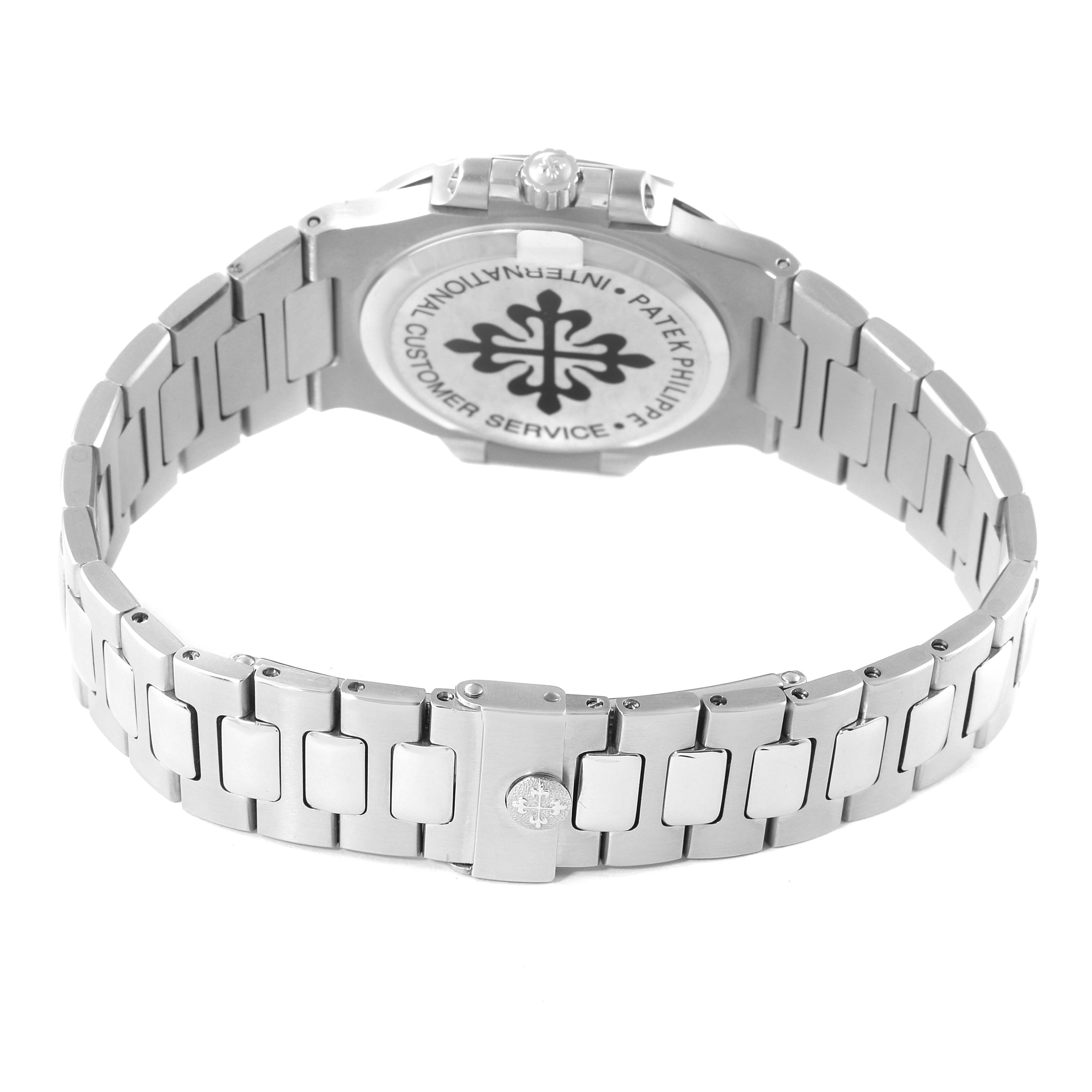 The image shows the back view of a Patek Philippe Nautilus 3800/1 Men's Stainless Steel White Dial 3800/1 Men's Stainless Steel White Dial watch, highlighting its clasp and bracelet.