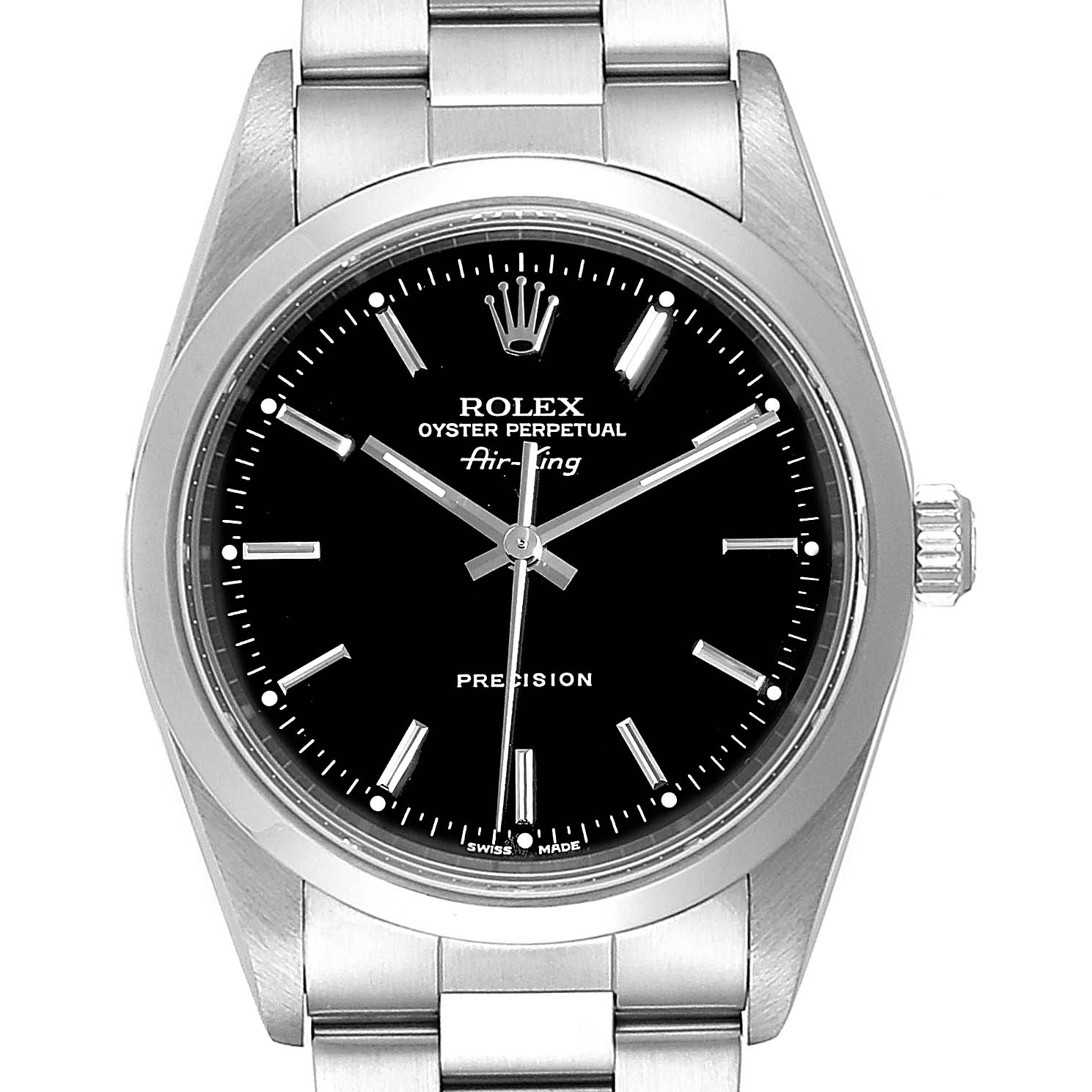 The image shows a face-on view of a Rolex Air-King 14000  Men's Stainless Steel Black Dial 14000  Men's Stainless Steel Black Dial watch, displaying the dial, hands, bracelet, and crown.