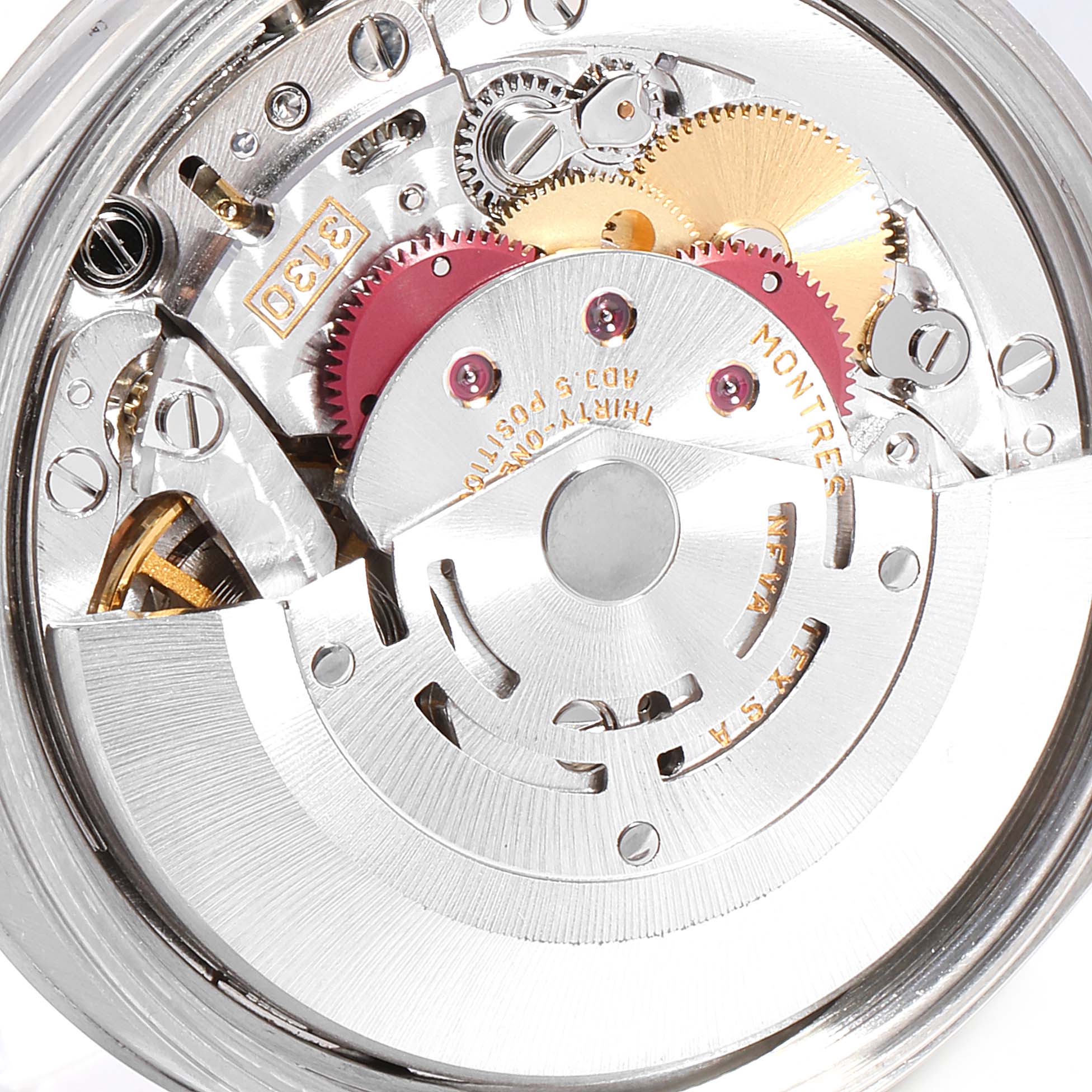 The image shows the intricate internal mechanism and gears of a Rolex Air-King 14000  Men's Stainless Steel Black Dial 14000  Men's Stainless Steel Black Dial watch, viewed from the back.