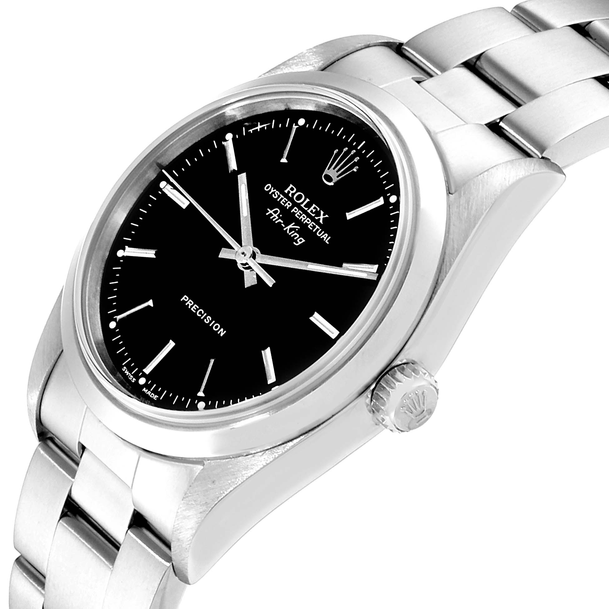 The Rolex Air-King 14000  Men's Stainless Steel Black Dial 14000  Men's Stainless Steel Black Dial watch is shown at an angled view, displaying its face, bezel, crown, and part of the bracelet.