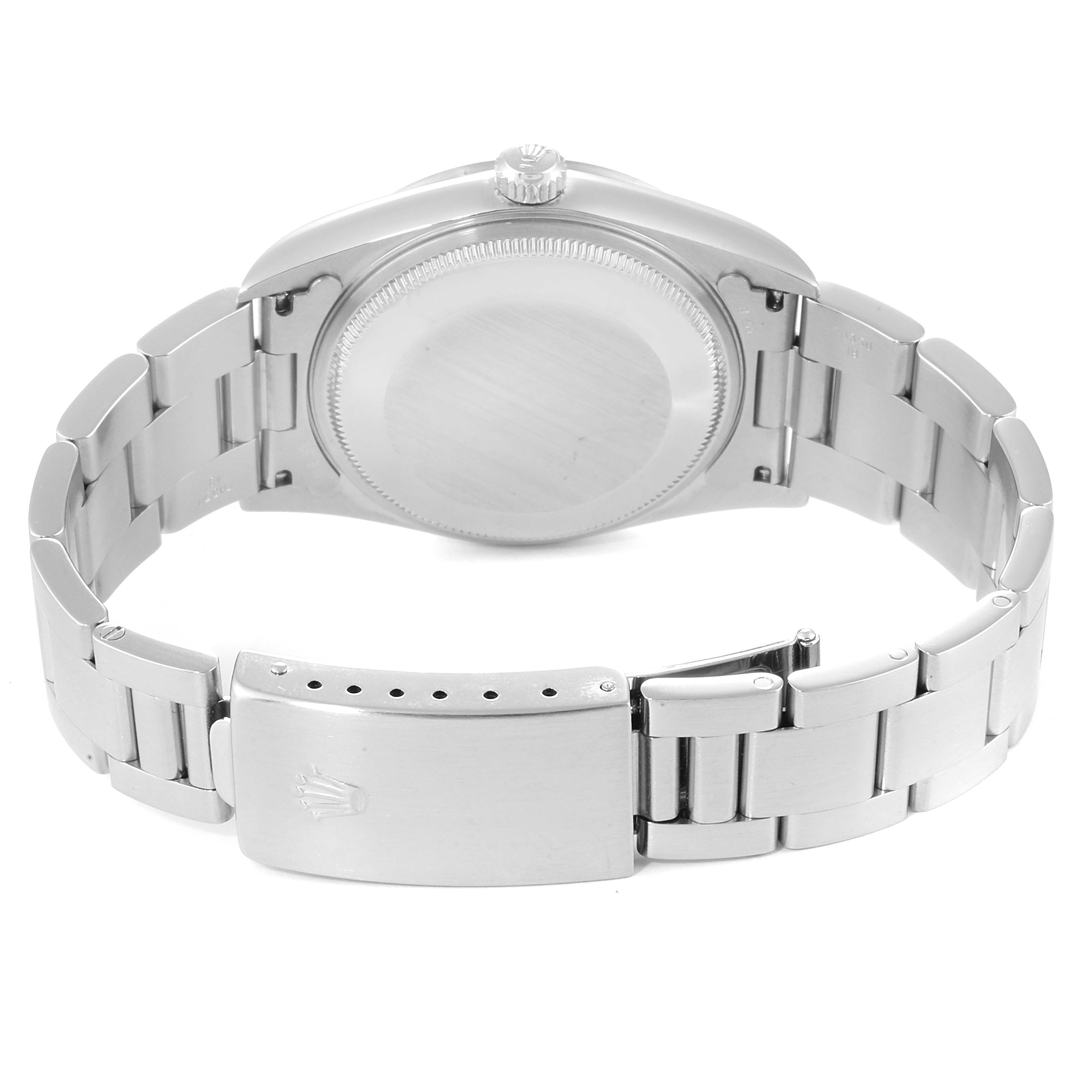 This image shows the back view of a Rolex Air-King 14000  Men's Stainless Steel Black Dial 14000  Men's Stainless Steel Black Dial watch, highlighting its stainless steel case and bracelet with a closed clasp.