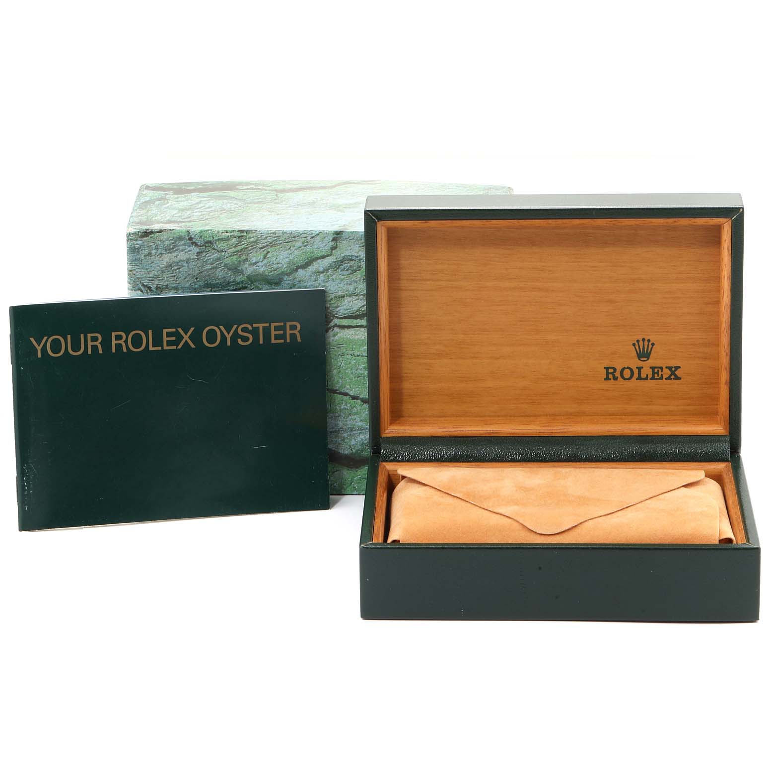 The image shows the box, outer box, booklet, and cushion for a Rolex Air-King 14000  Men's Stainless Steel Black Dial 14000  Men's Stainless Steel Black Dial watch.