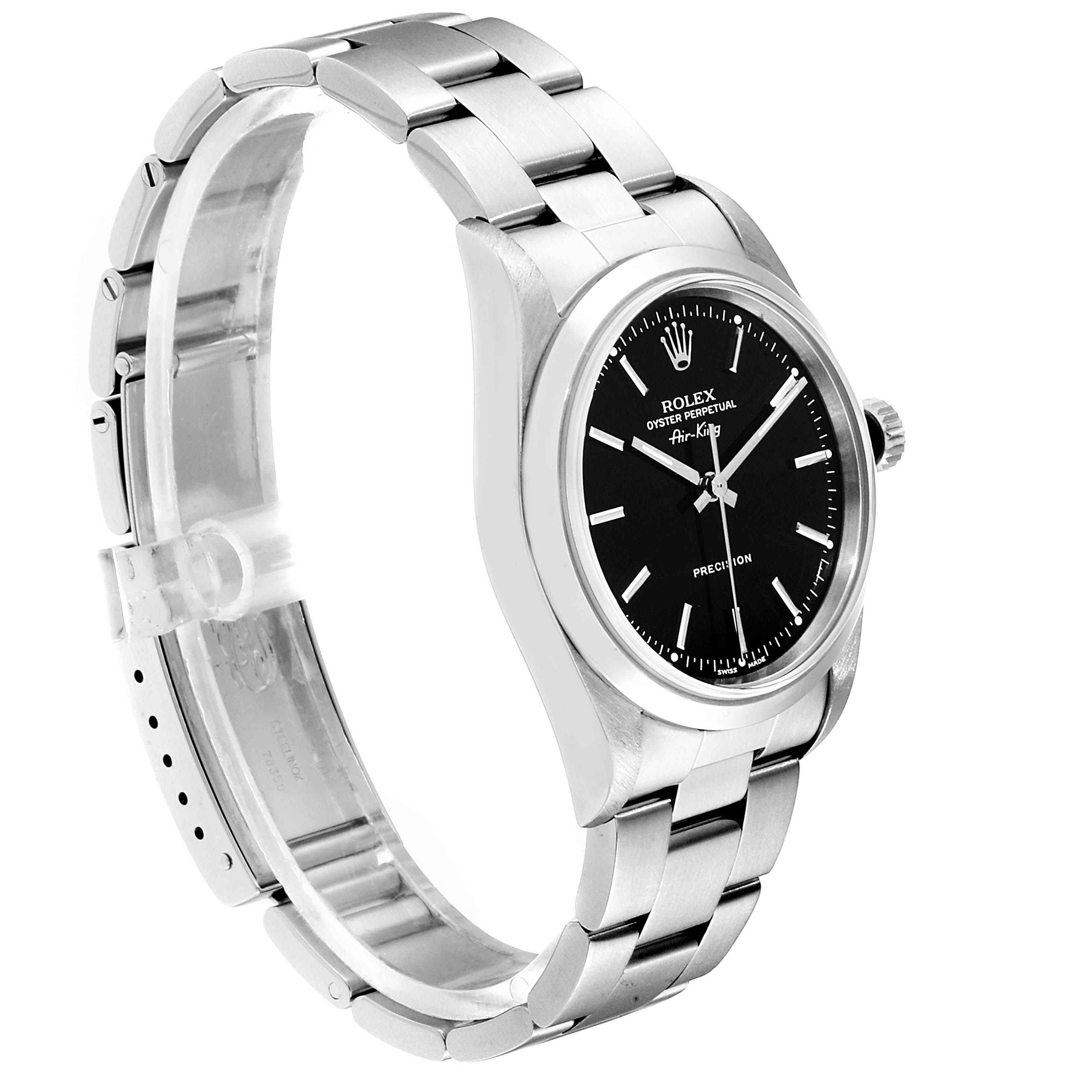 The Rolex Air-King 14000  Men's Stainless Steel Black Dial 14000  Men's Stainless Steel Black Dial watch is shown from a side angle, displaying its face, case, and part of the bracelet.