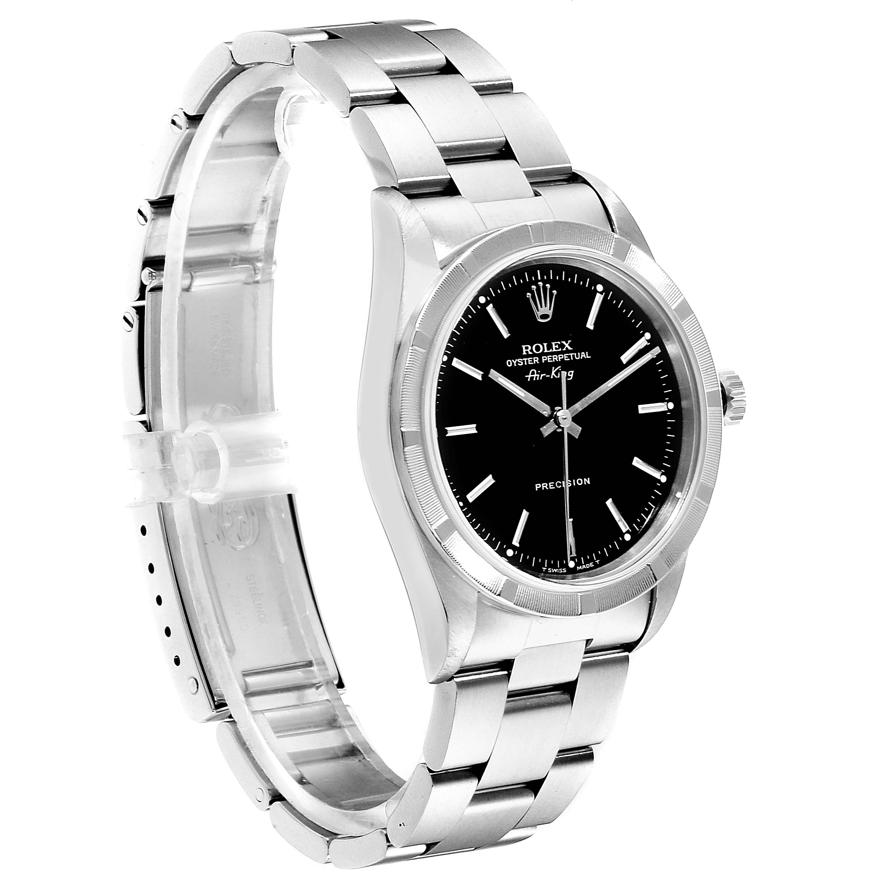 This image shows a Rolex Air-King 14010 Men's Stainless Steel Black Dial 14010 Men's Stainless Steel Black Dial watch at an angled view, displaying the black dial, steel case, and bracelet.