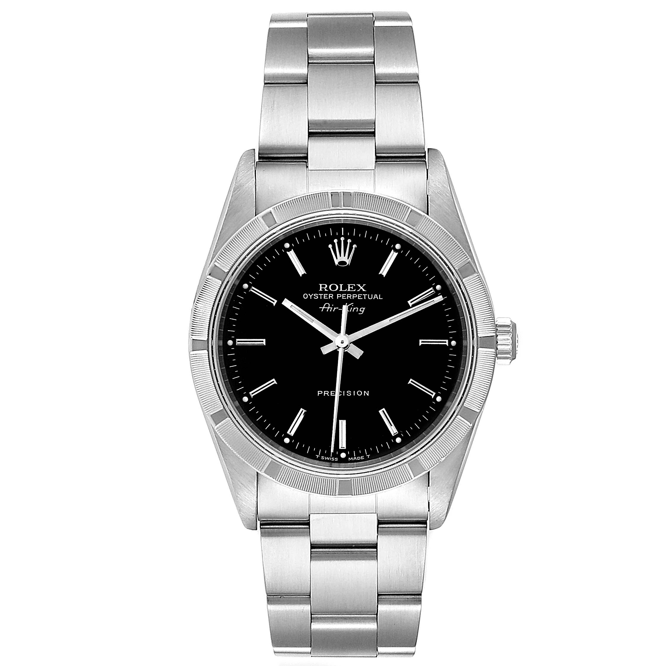 This image shows the front view of a Rolex Air-King 14010 Men's Stainless Steel Black Dial 14010 Men's Stainless Steel Black Dial watch, featuring its dial, bezel, case, and bracelet.