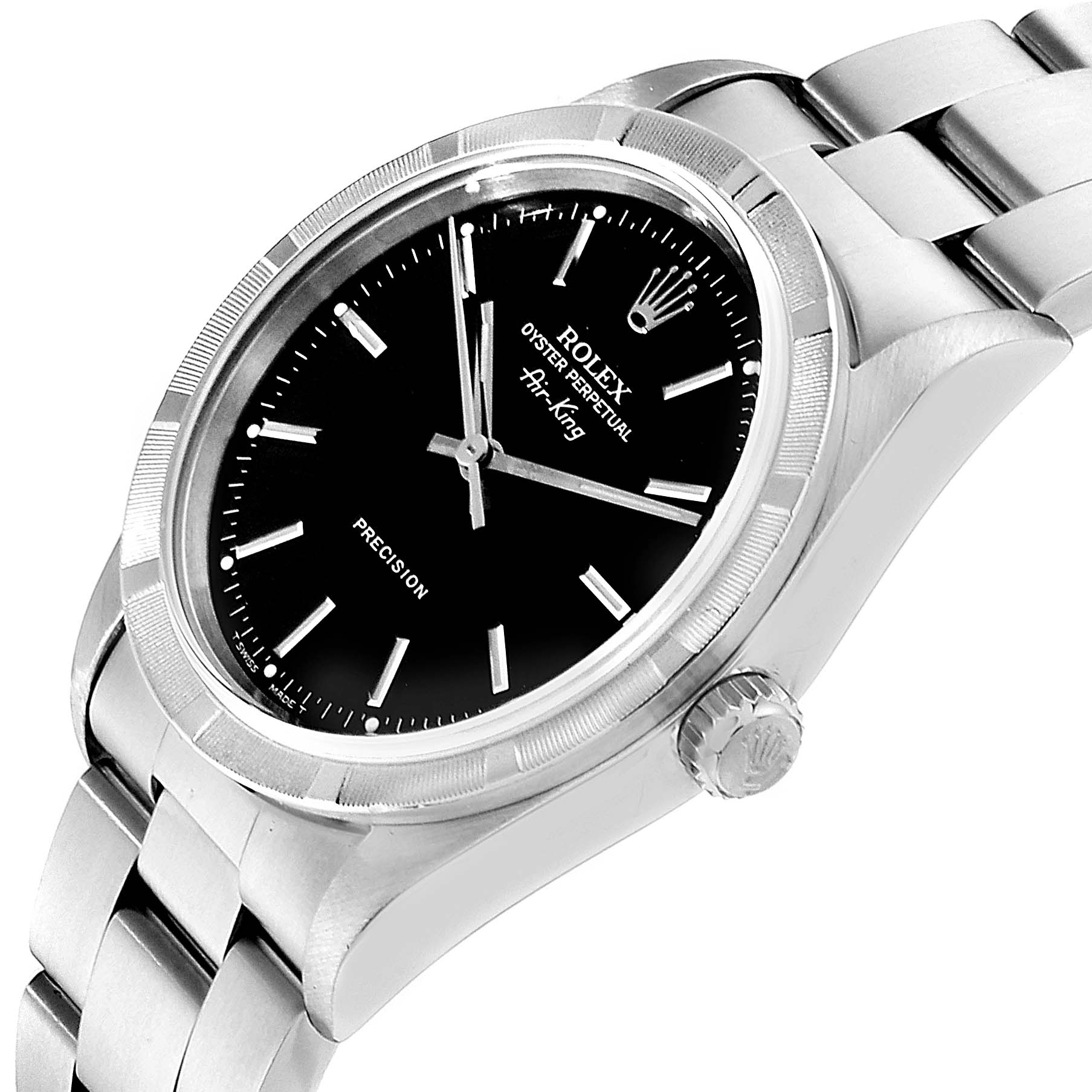 This image shows a Rolex Air-King 14010 Men's Stainless Steel Black Dial 14010 Men's Stainless Steel Black Dial watch from an angled top-down perspective, highlighting the dial, bezel, crown, and bracelet.