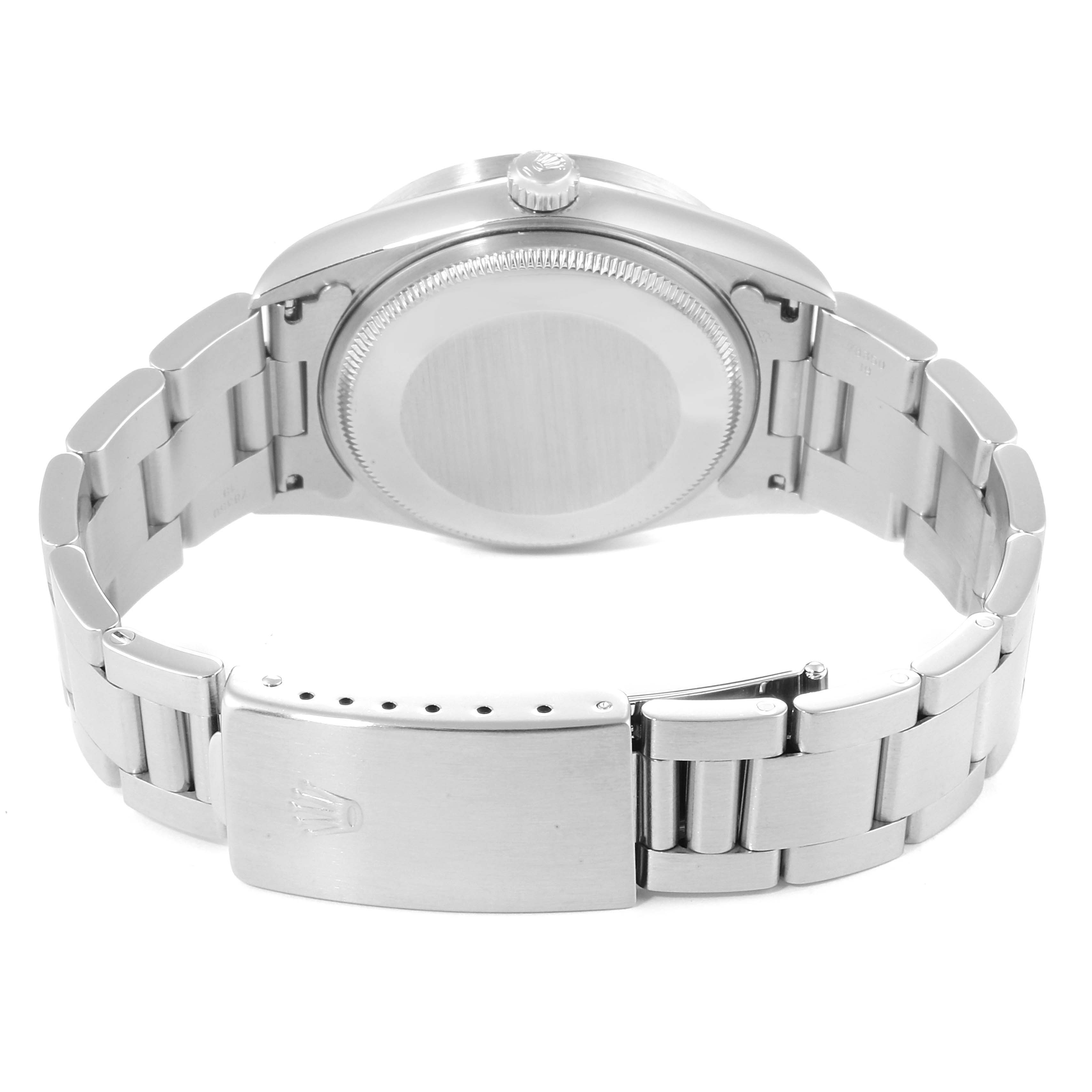 The image shows the back view of a Rolex Air-King 14010 Men's Stainless Steel Black Dial 14010 Men's Stainless Steel Black Dial watch, including the case back and the bracelet with the clasp.