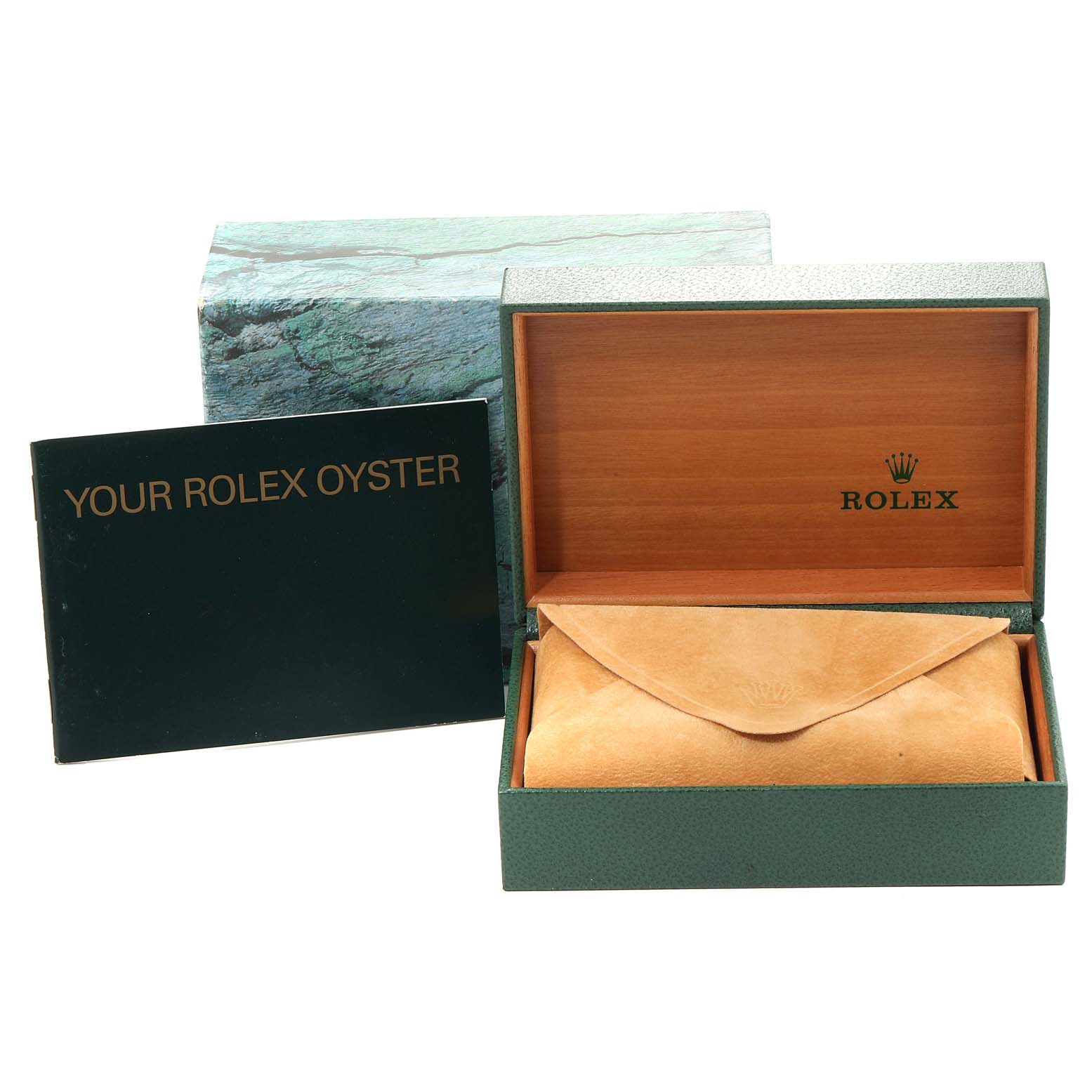 The image shows the box, manual, and pouch for a Rolex Air-King 14010 Men's Stainless Steel Black Dial 14010 Men's Stainless Steel Black Dial watch at a slight front angle.