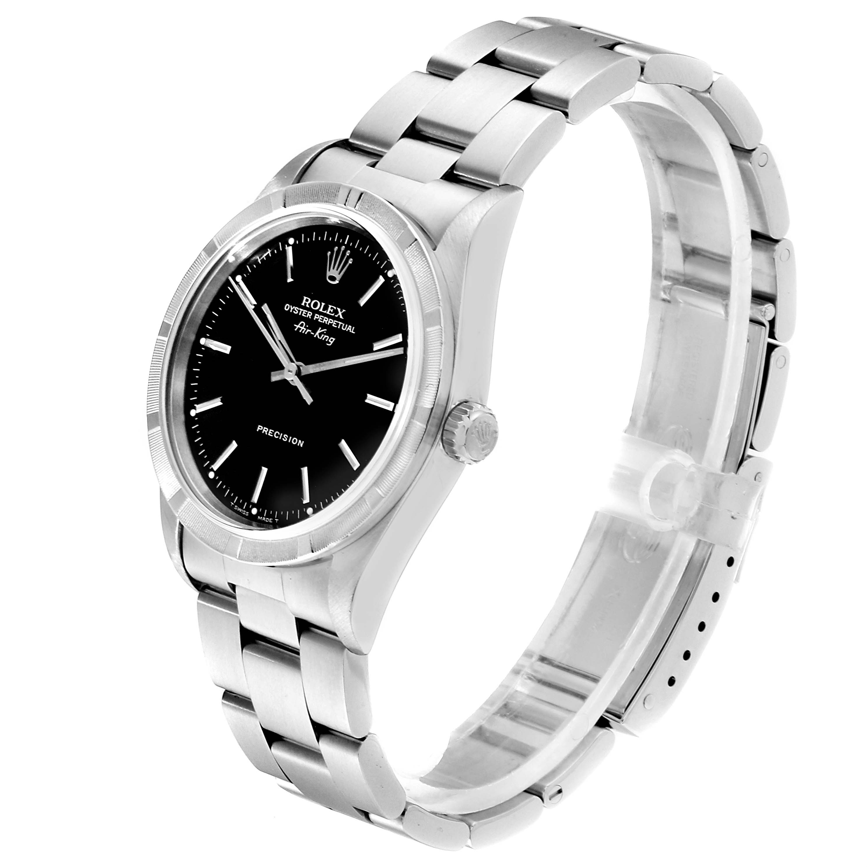 The Rolex Air-King 14010 Men's Stainless Steel Black Dial 14010 Men's Stainless Steel Black Dial watch is shown at a three-quarter angle, displaying its black dial, crown, bezel, and bracelet.