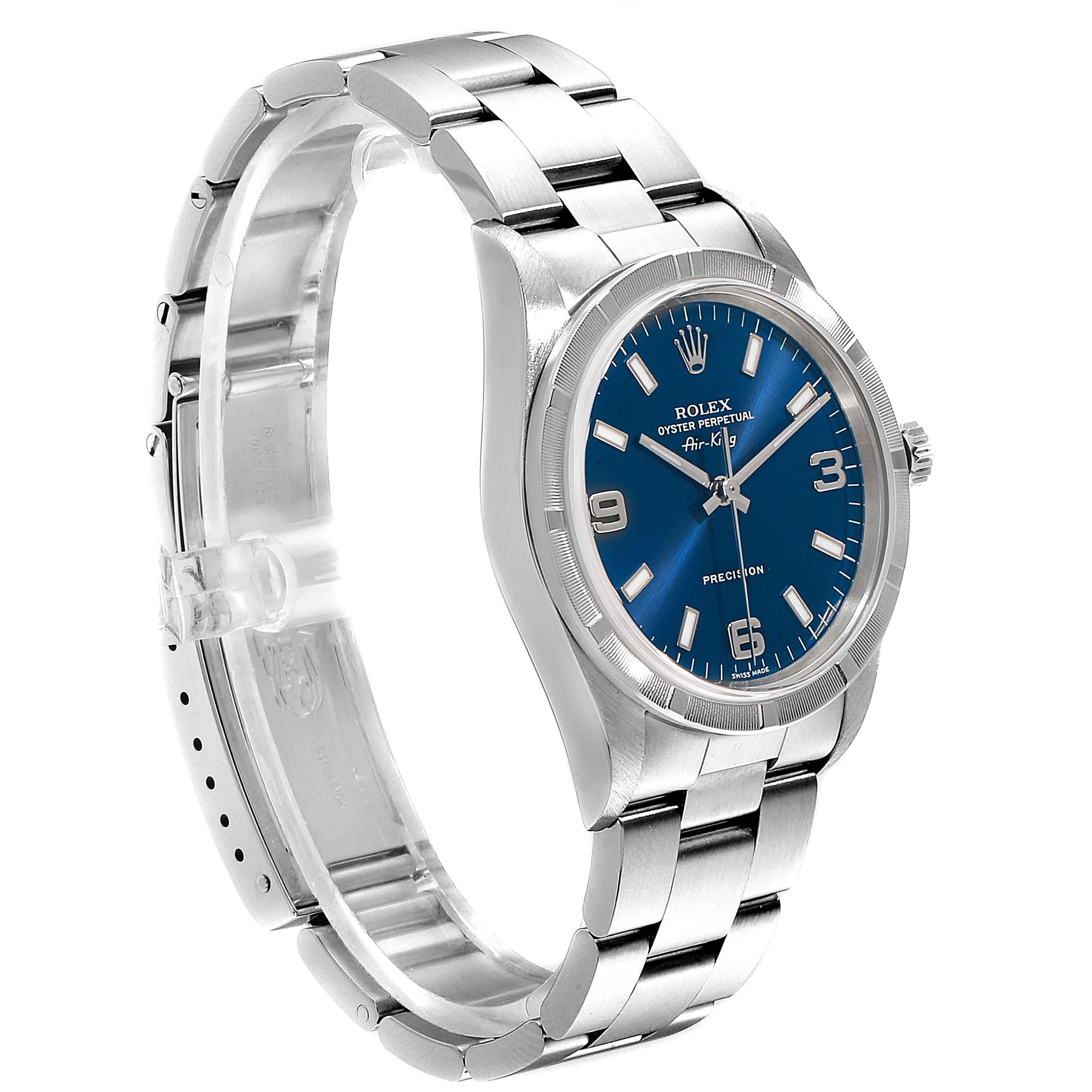 This image shows a Rolex Air-King 14010 Men's Stainless Steel Blue Dial 14010 Men's Stainless Steel Blue Dial watch from a three-quarter angle, highlighting its bracelet, case, and blue dial.