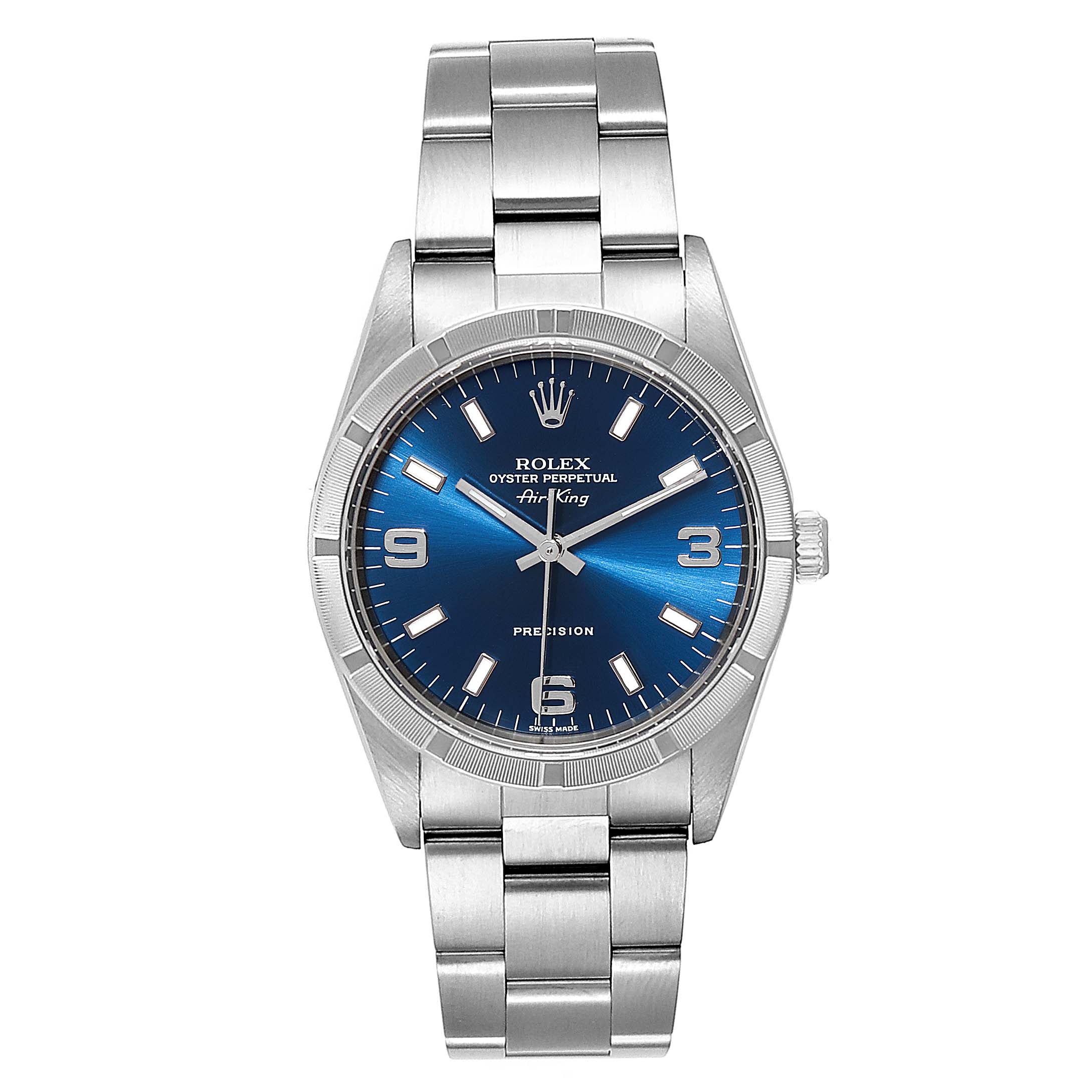 The image shows a frontal view of the Rolex Air-King 14010 Men's Stainless Steel Blue Dial 14010 Men's Stainless Steel Blue Dial watch, highlighting its blue dial, bezel, and stainless steel bracelet.