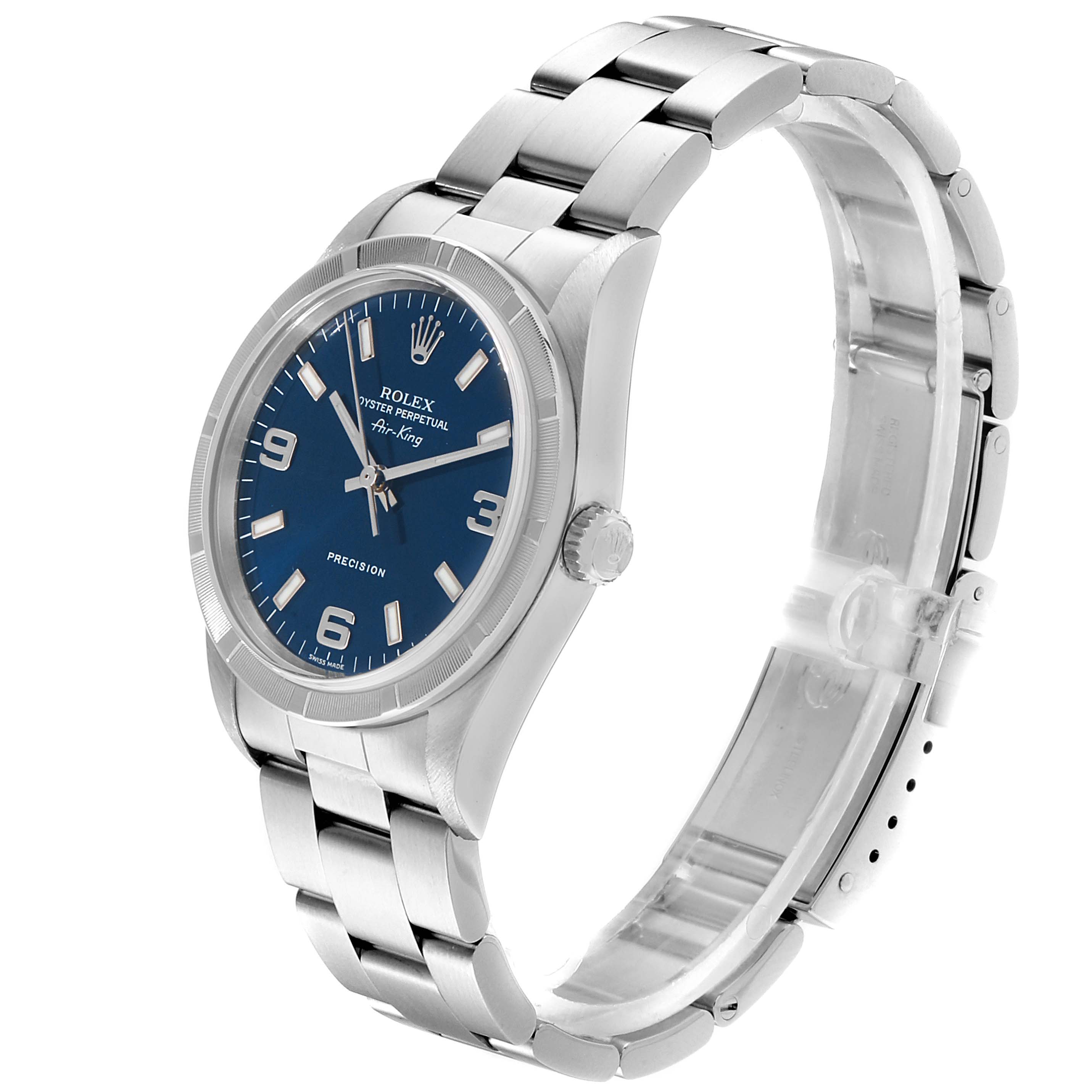The image shows a Rolex Air-King 14010 Men's Stainless Steel Blue Dial 14010 Men's Stainless Steel Blue Dial watch from a three-quarter angle, highlighting its blue dial and stainless steel bracelet.
