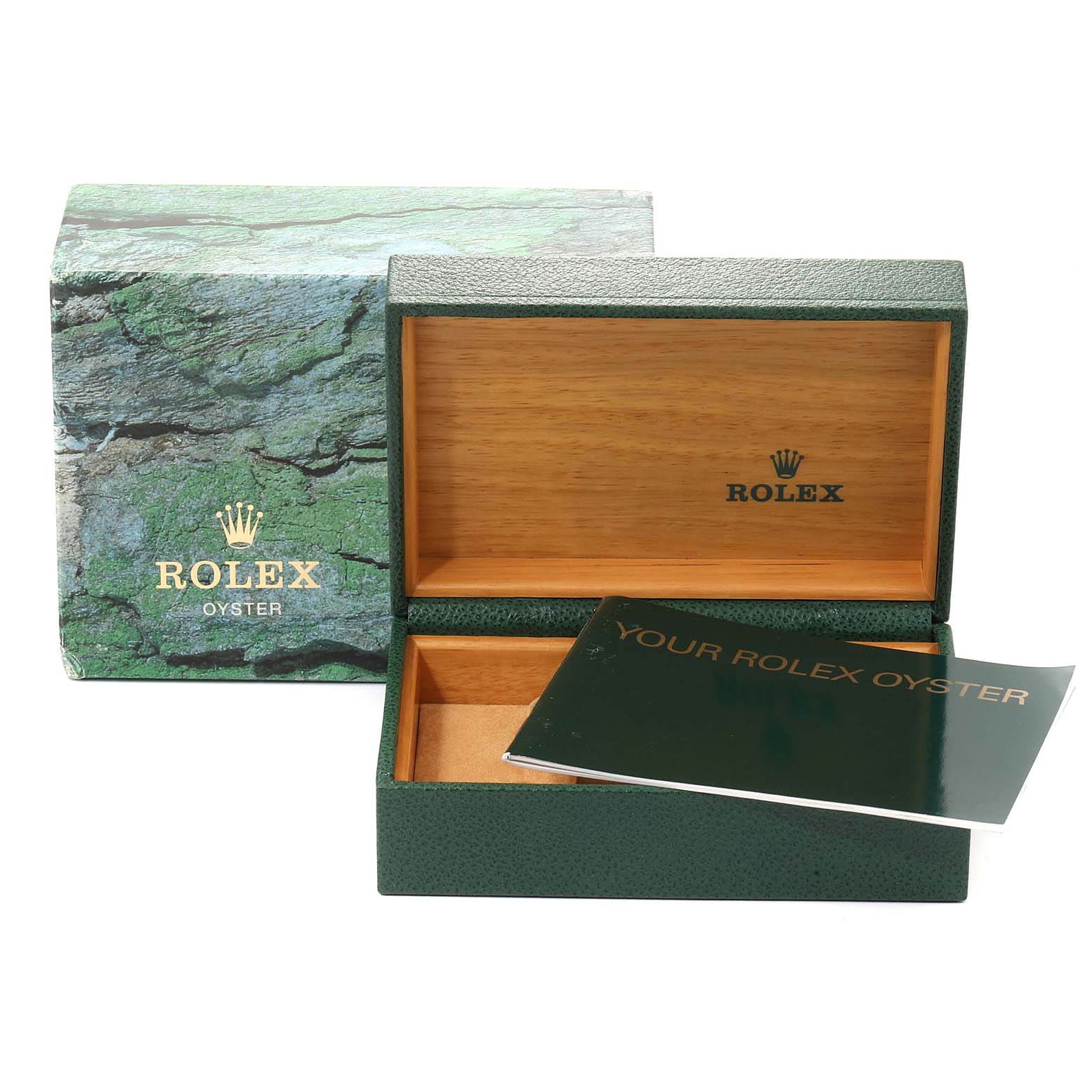 The image shows an open Rolex Air-King 14010 Men's Stainless Steel Blue Dial 14010 Men's Stainless Steel Blue Dial box and packaging, displaying the inner wooden box and a booklet.