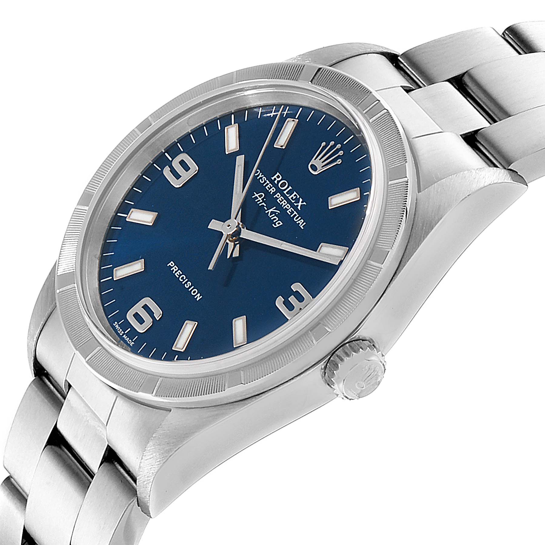 The image shows a side and angled view of a Rolex Air-King 14010 Men's Stainless Steel Blue Dial 14010 Men's Stainless Steel Blue Dial watch, highlighting the blue dial, indices, and stainless steel bracelet.