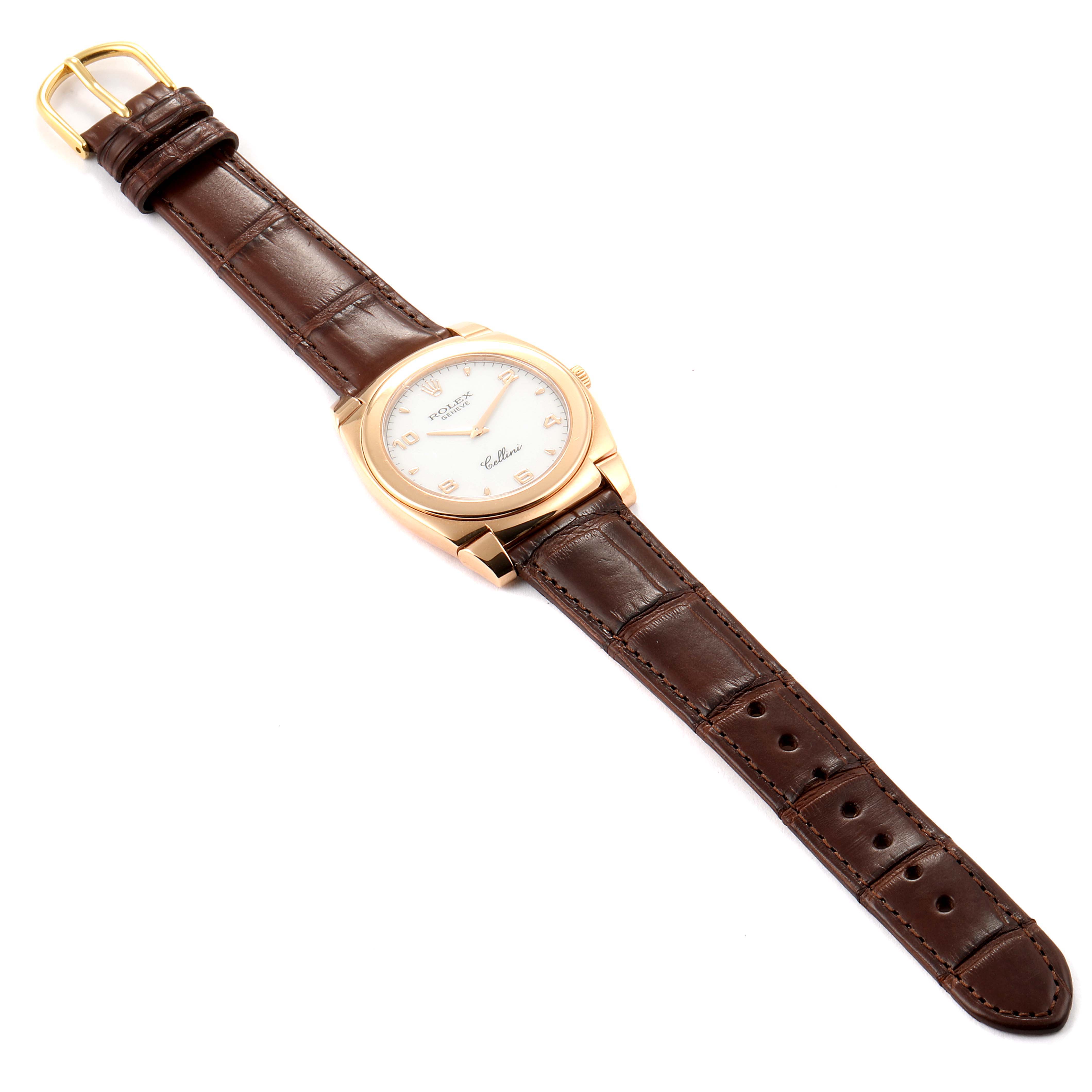 The image shows a Rolex Cellini 5330 Men's Rose Gold White Dial 5330 Men's Rose Gold White Dial watch laid flat with a brown leather strap, gold buckle, and gold case.