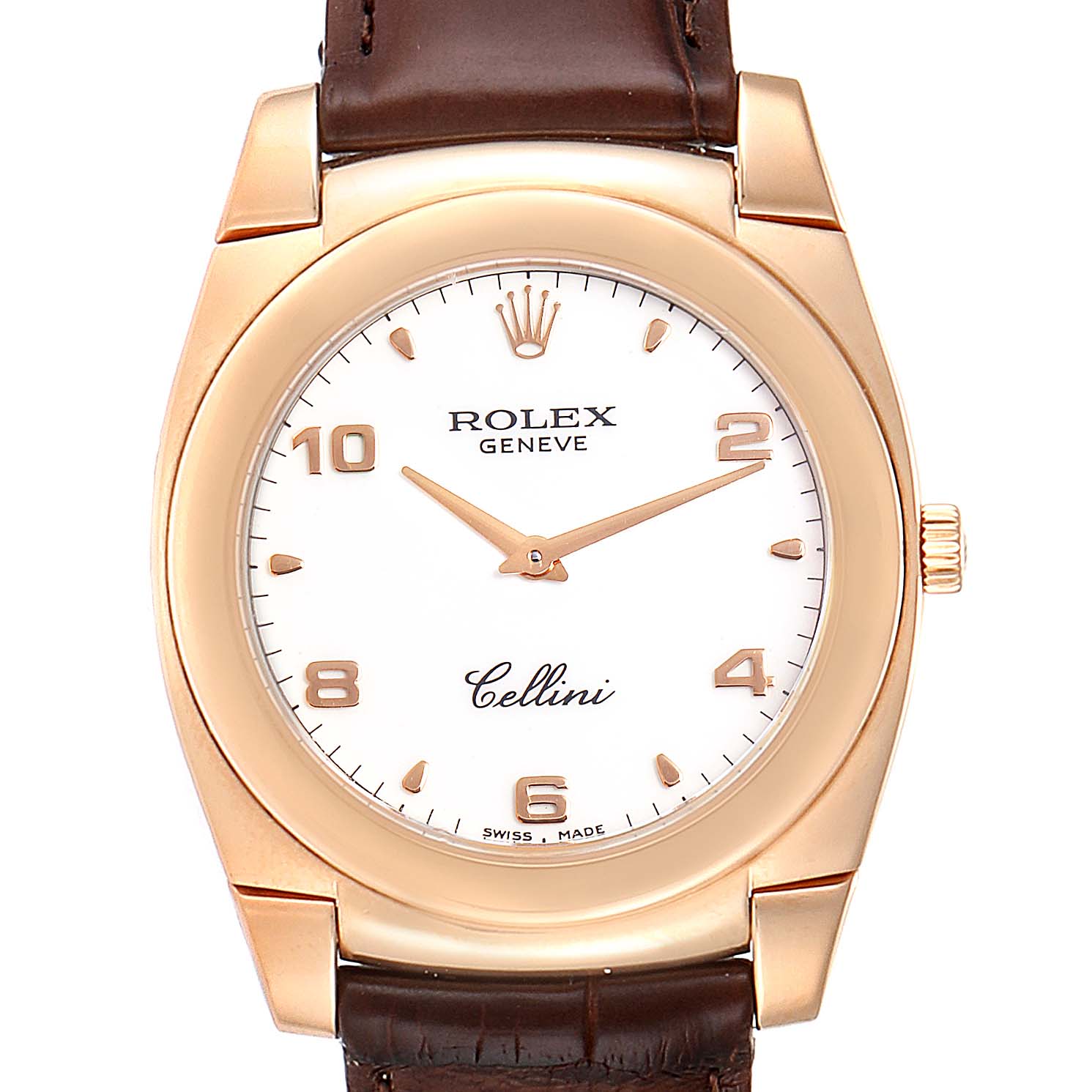 This image shows the front view of a Rolex Cellini 5330 Men's Rose Gold White Dial 5330 Men's Rose Gold White Dial watch, highlighting its face, bezel, crown, and part of the leather strap.