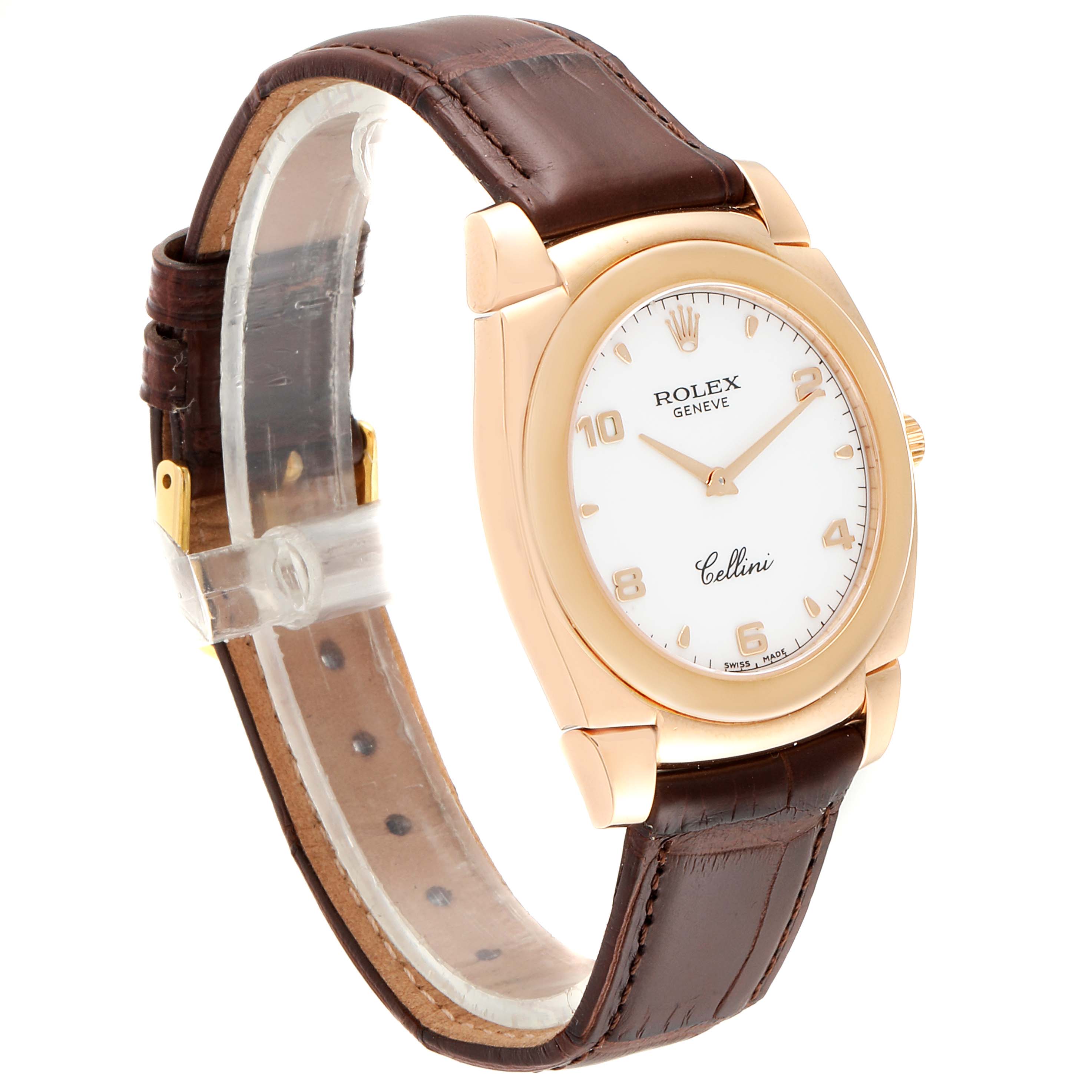 The image shows a Rolex Cellini 5330 Men's Rose Gold White Dial 5330 Men's Rose Gold White Dial model watch at an angled side view, showcasing its dial, case, and brown leather strap.
