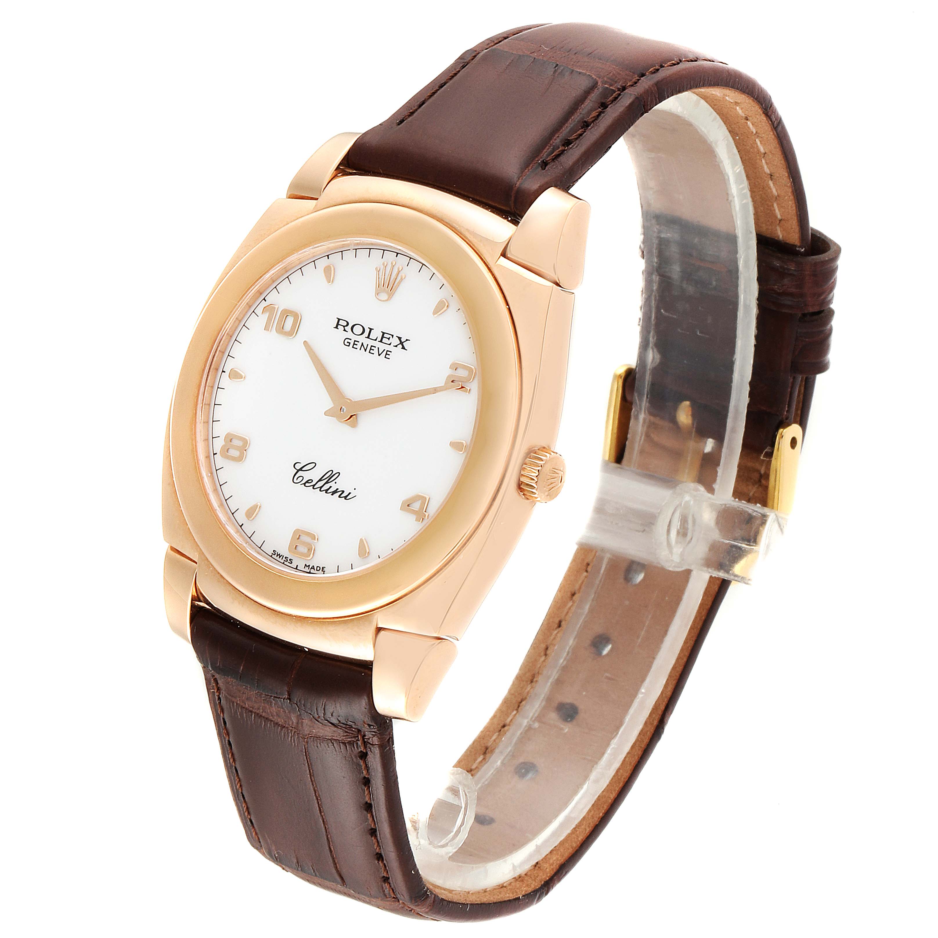 The Rolex Cellini 5330 Men's Rose Gold White Dial 5330 Men's Rose Gold White Dial watch is shown at a slight front angle, highlighting its face, bezel, crown, and leather strap.