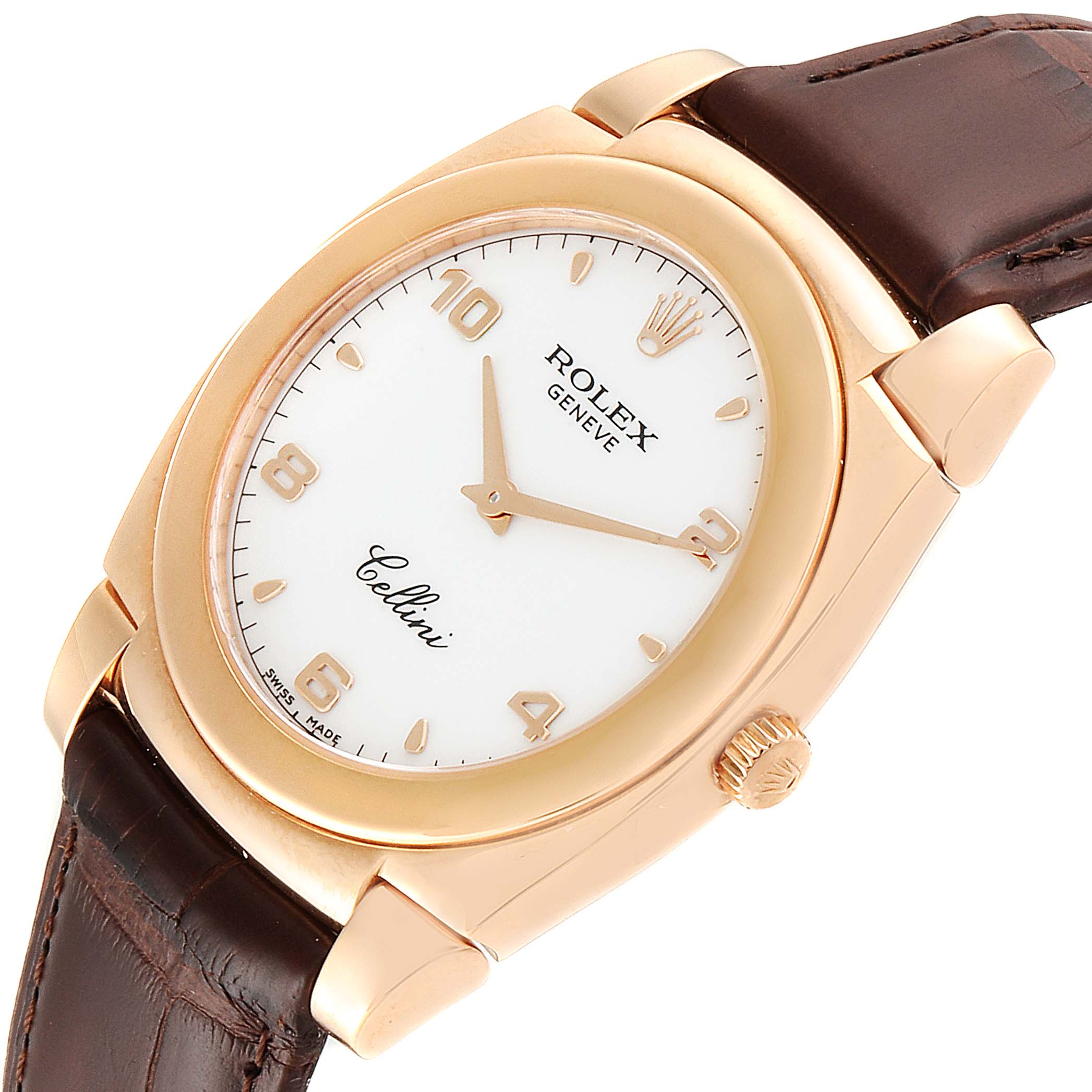 The image shows a close-up of the Rolex Cellini 5330 Men's Rose Gold White Dial 5330 Men's Rose Gold White Dial watch face and part of its brown leather strap at a slight angle.