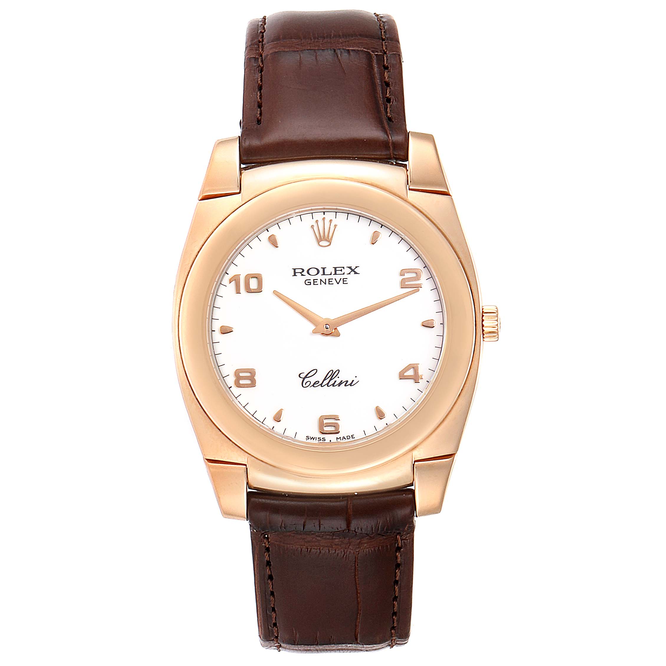 The image shows a frontal view of a Rolex Cellini 5330 Men's Rose Gold White Dial 5330 Men's Rose Gold White Dial watch, highlighting the face, hands, and leather strap.
