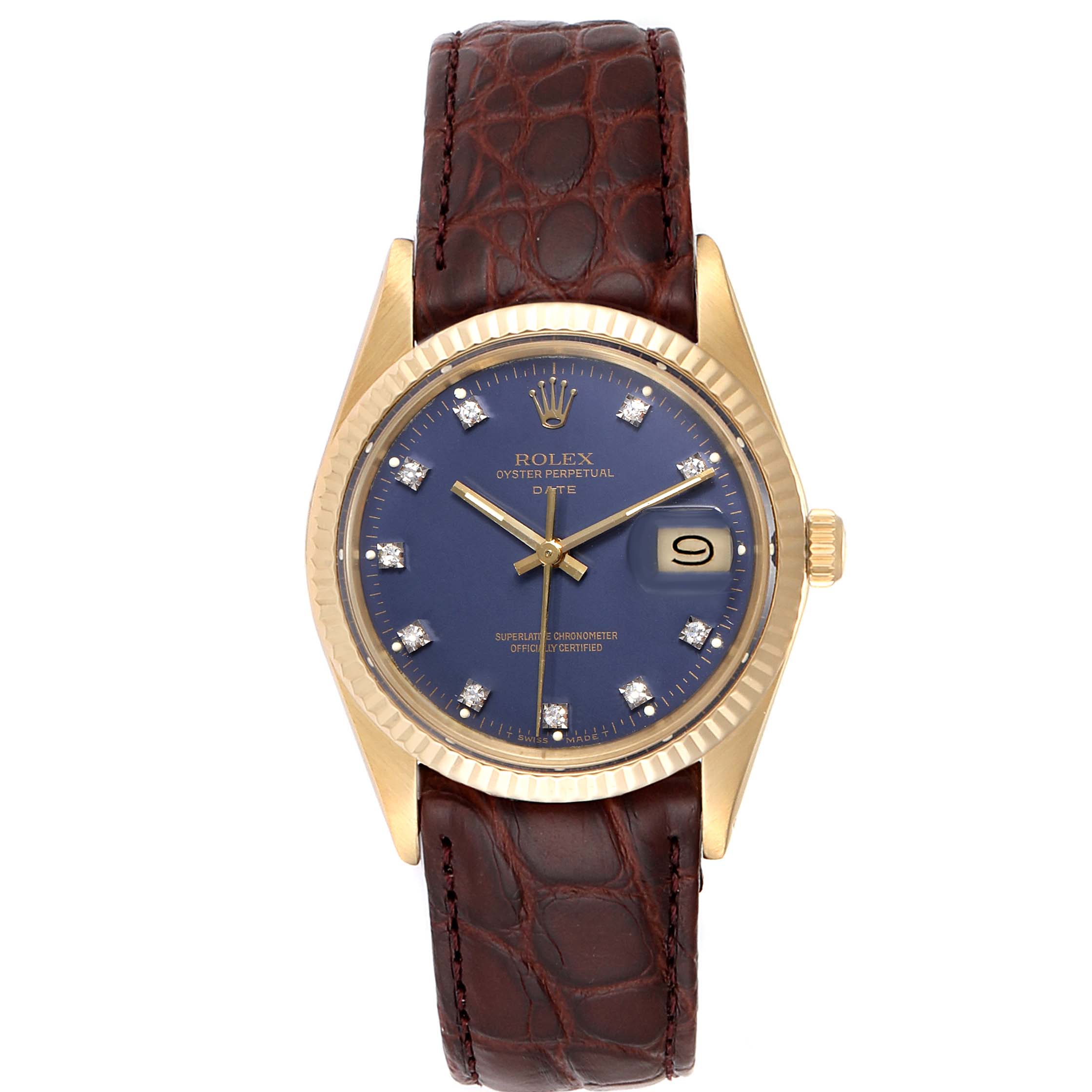 The Rolex Vintage Collection 15037 Men
s Yellow Gold Blue Dial 15037 Men
s Yellow Gold Blue Dial model is shown from the front, featuring a brown leather strap, blue dial, and gold bezel.
