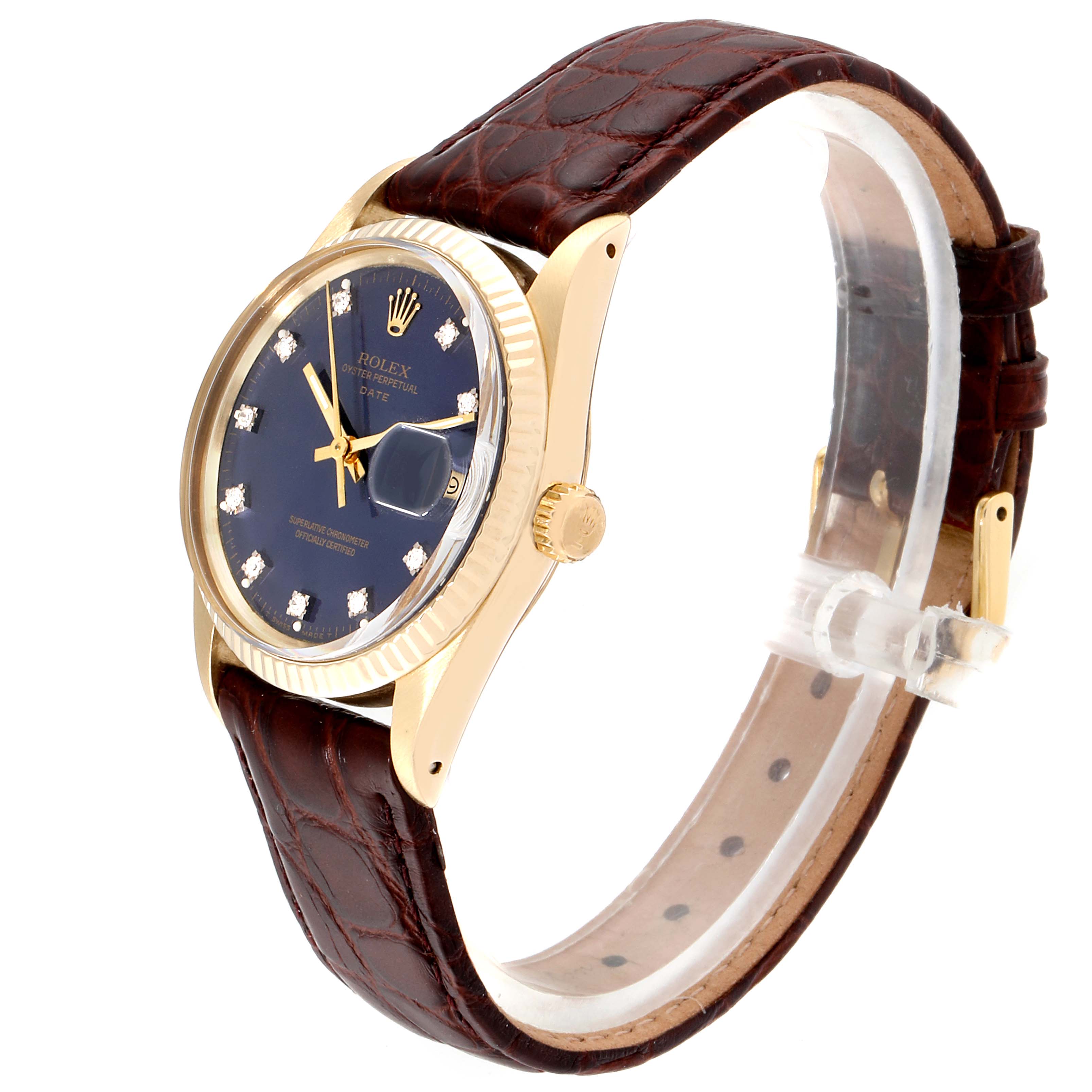 The Rolex Vintage Collection 15037 Men
s Yellow Gold Blue Dial 15037 Men
s Yellow Gold Blue Dial watch is shown at a side angle displaying the dial, crown, bezel, and leather strap.