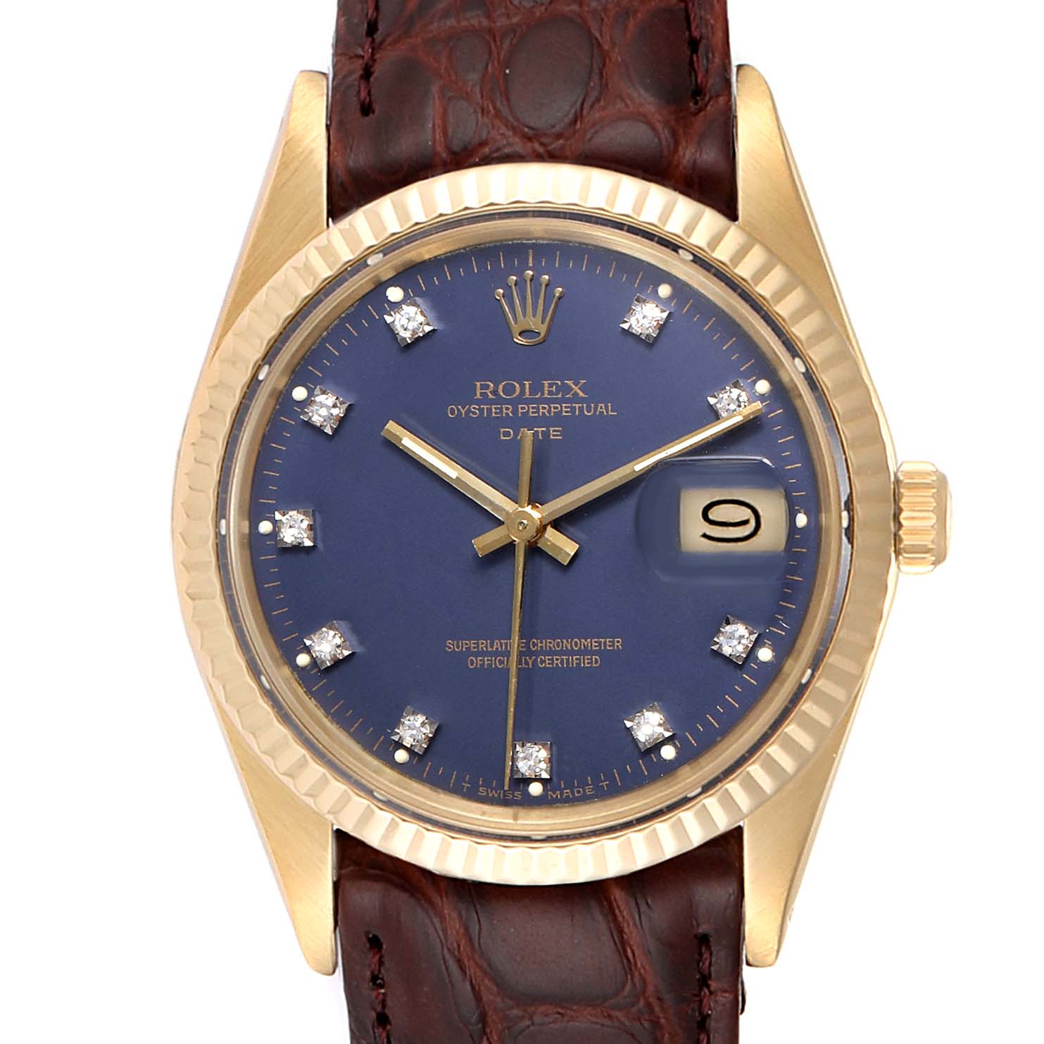 The image shows a front view of a Rolex Vintage Collection 15037 Men
s Yellow Gold Blue Dial 15037 Men
s Yellow Gold Blue Dial watch, highlighting its blue dial, gold case, and brown leather strap.