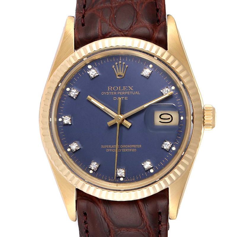 Rolex Date Mens Blue Diamond Dial Yellow Gold Vintage Mens Watch 15037 SwissWatchExpo