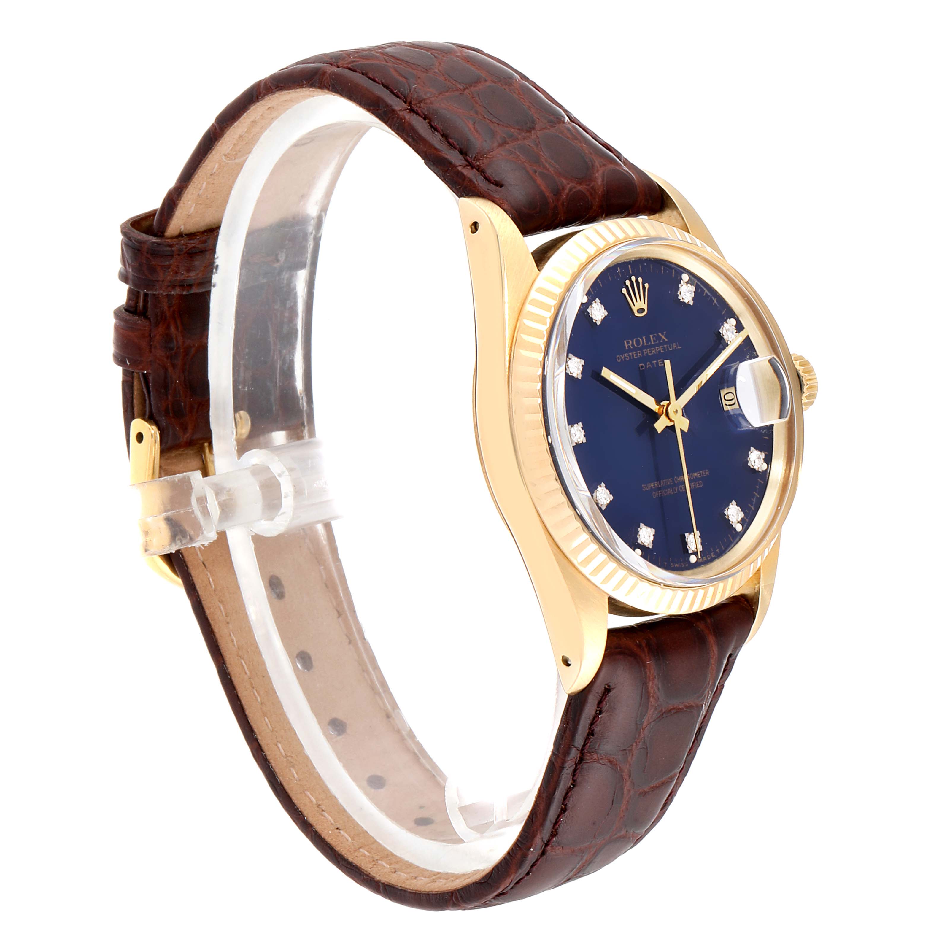 The Rolex Vintage Collection 15037 Men
s Yellow Gold Blue Dial 15037 Men
s Yellow Gold Blue Dial model is shown from a front-side angle, highlighting its blue dial, gold case, and brown leather strap.
