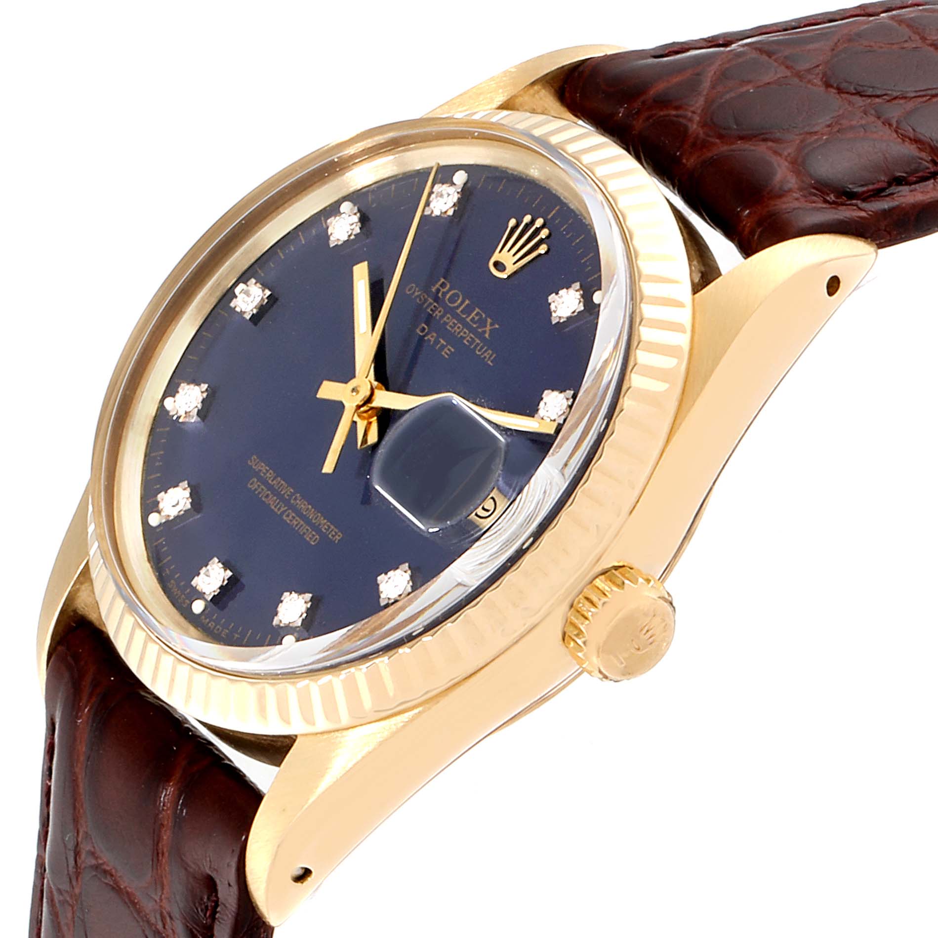 Rolex Date Mens Blue Diamond Dial Yellow Gold Vintage Mens Watch 15037