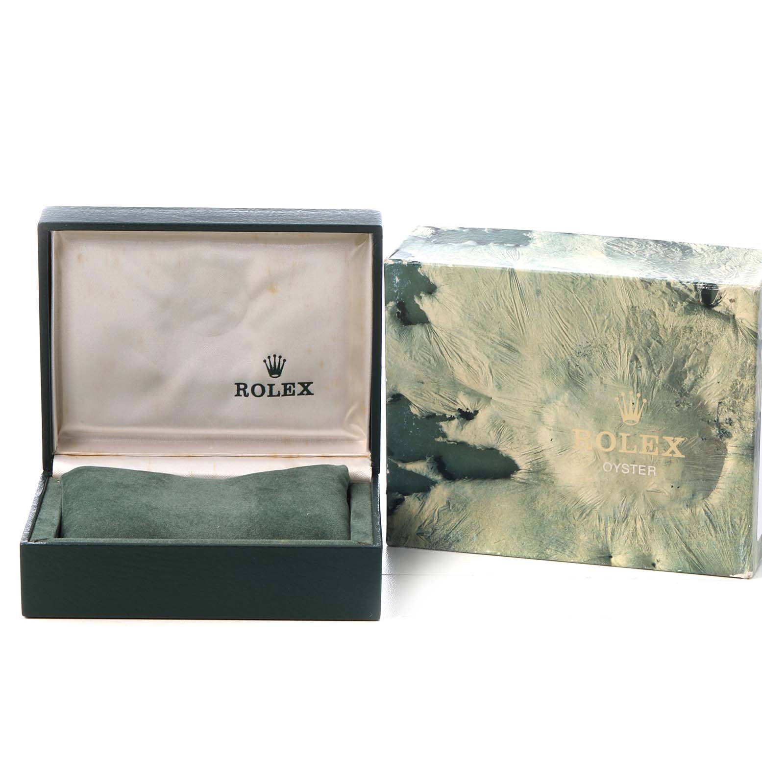 The image shows a Rolex Mid-Size 68273 Women's Steel and Gold (two tone) White Dial watch box and its outer box, both with branding visible.