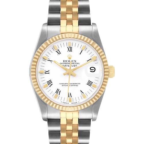 The Rolex Mid-Size 68273 Women's Steel and Gold (two tone) White Dial watch is shown from a front angle, highlighting the dial, hands, bezel, and bracelet.