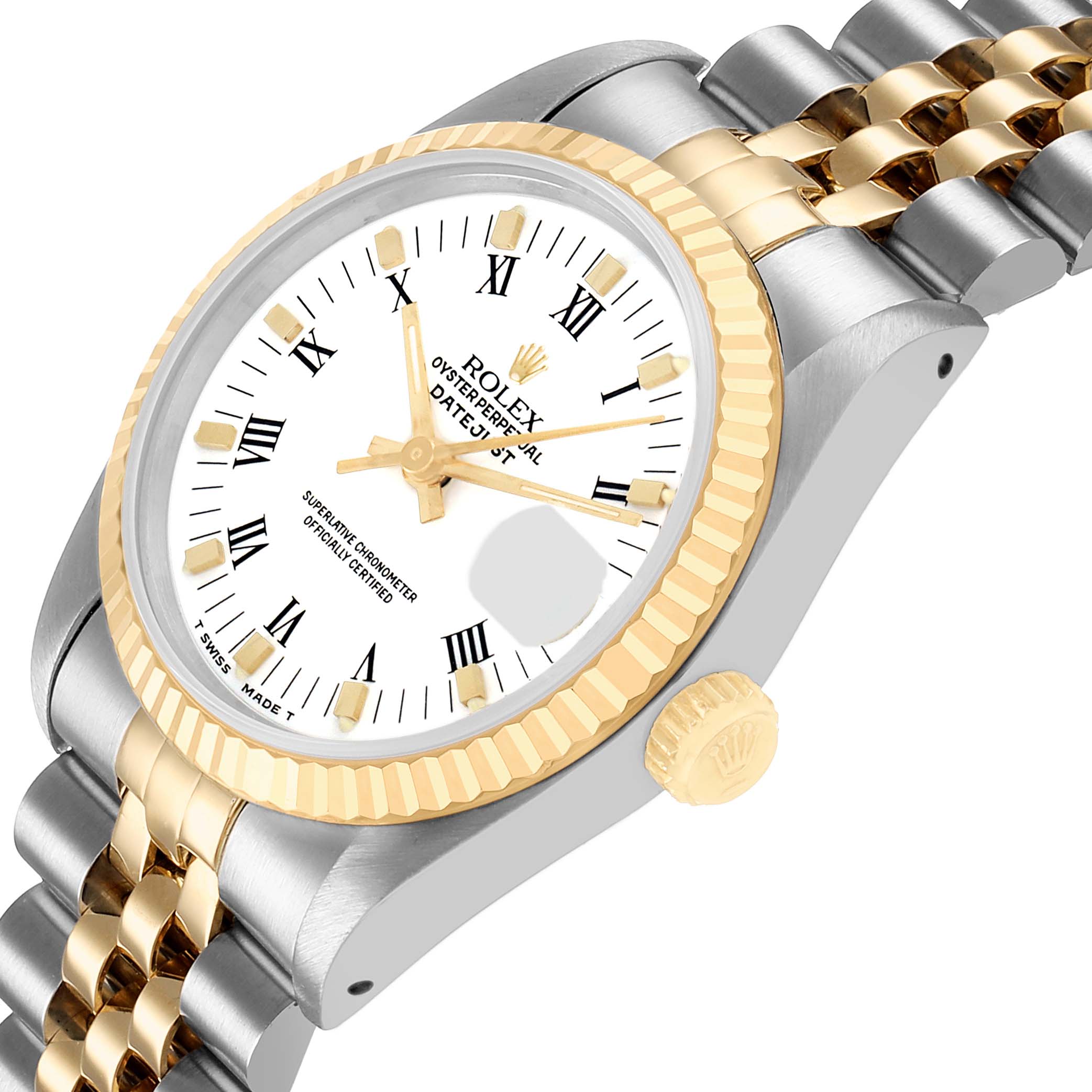 The Rolex Mid-Size 68273 Women's Steel and Gold (two tone) White Dial watch is shown at an angled view, highlighting the dial, fluted bezel, and two-tone Jubilee bracelet.