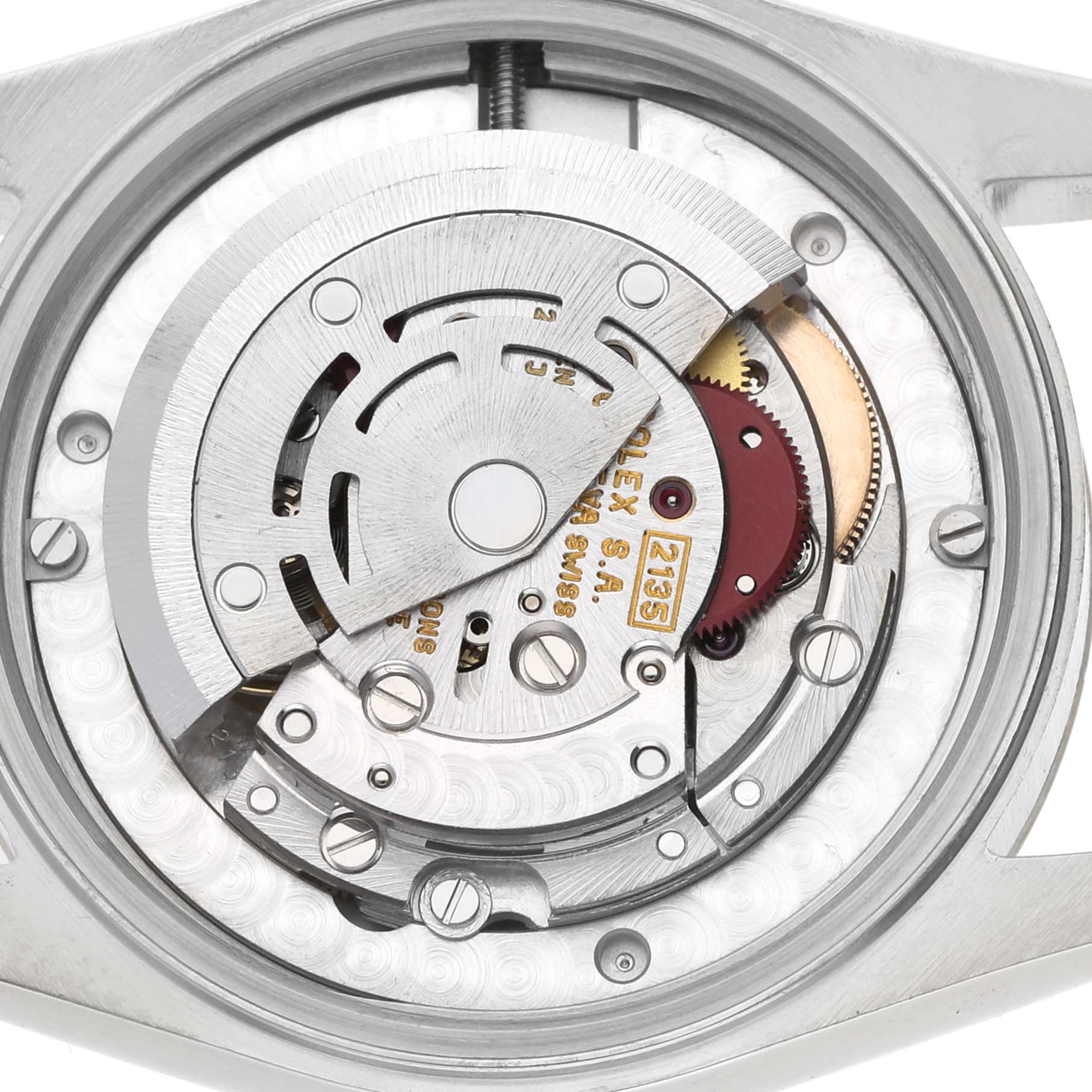 The image shows the internal movement of a Rolex Mid-Size 68273 Women's Steel and Gold (two tone) White Dial model at a top-down angle, revealing gears and the rotor.