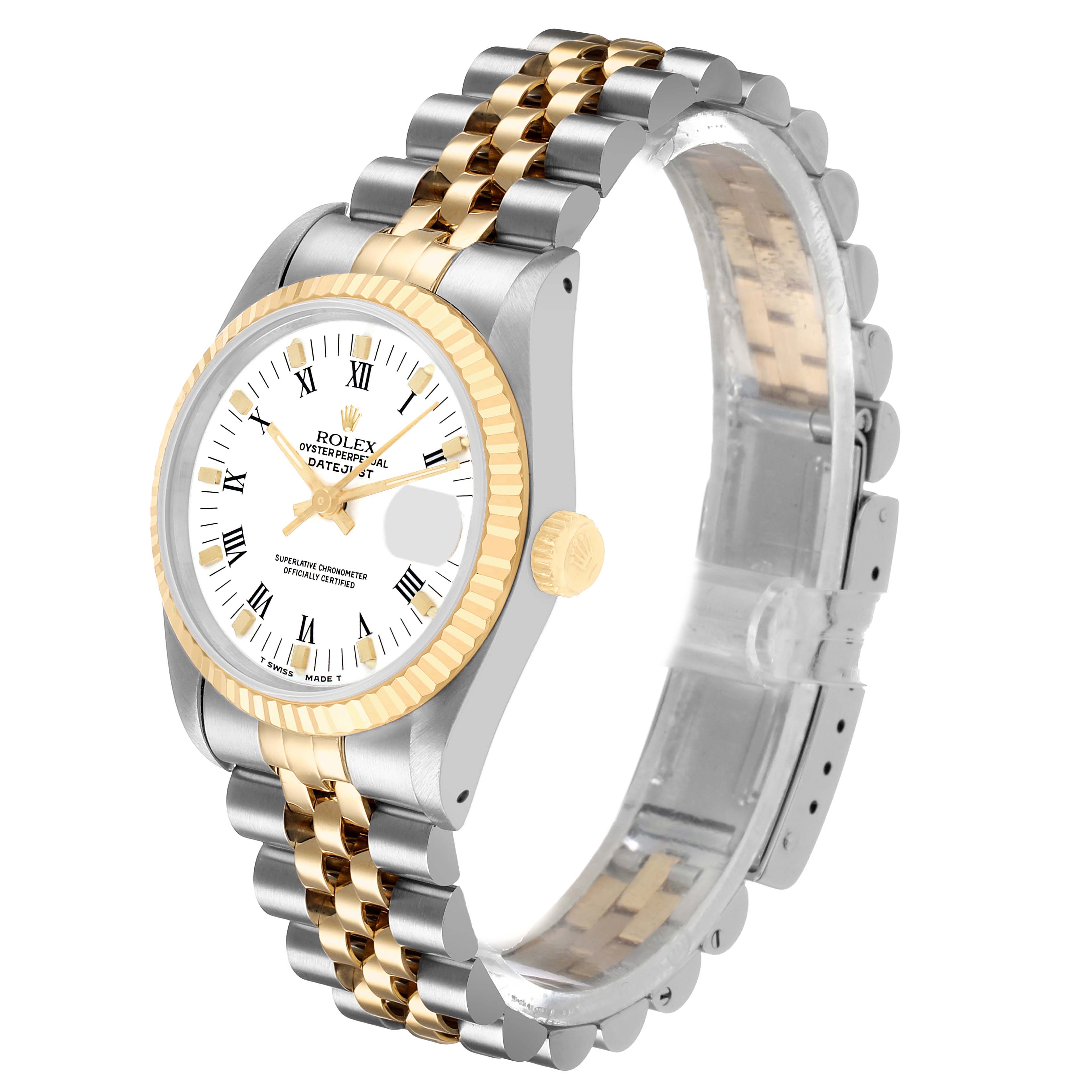 The Rolex Mid-Size 68273 Women's Steel and Gold (two tone) White Dial model is shown at an angle highlighting the face, fluted bezel, two-tone bracelet, and crown.