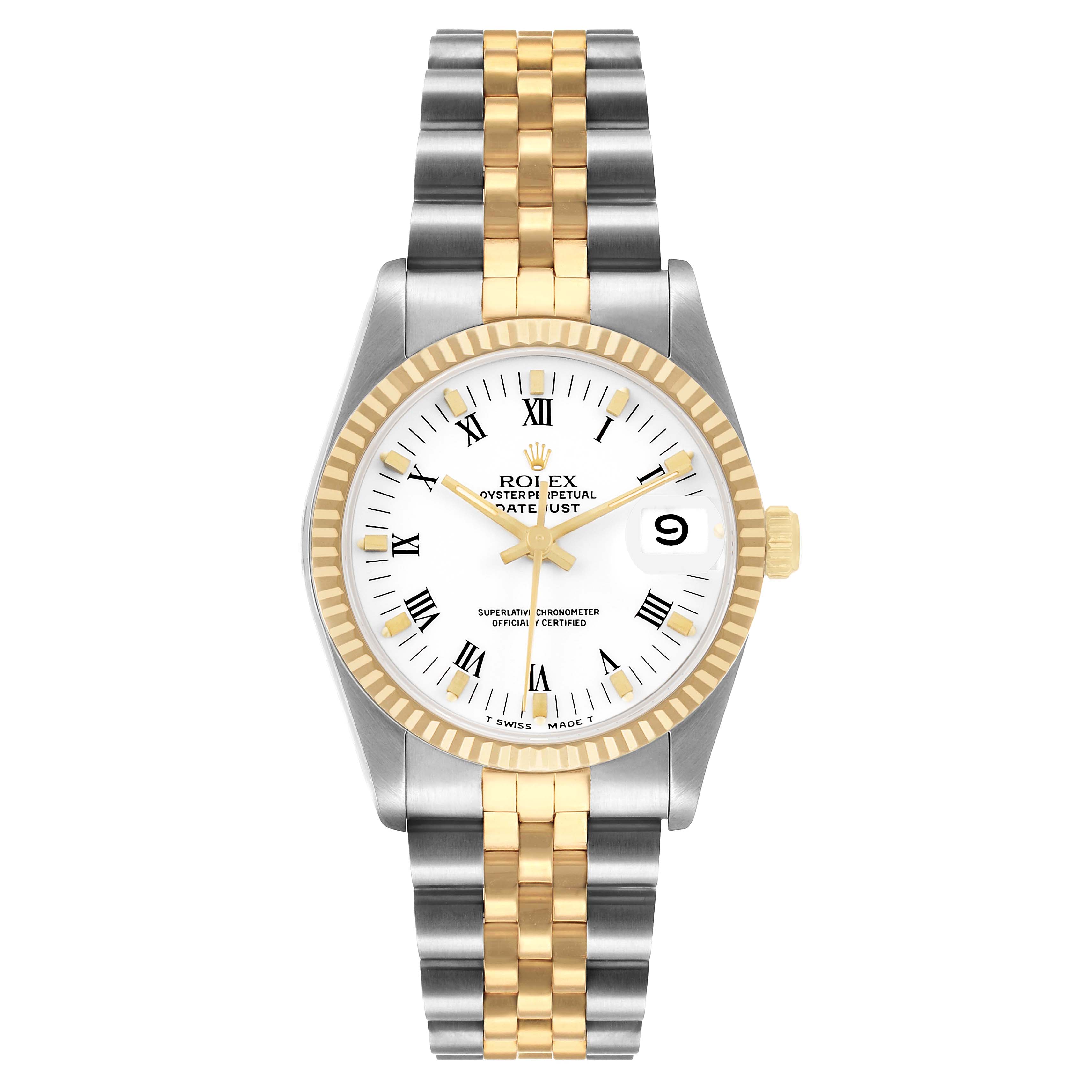 The Rolex Mid-Size 68273 Women's Steel and Gold (two tone) White Dial model is shown from a top-down view, highlighting the face, bezel, and two-tone bracelet.