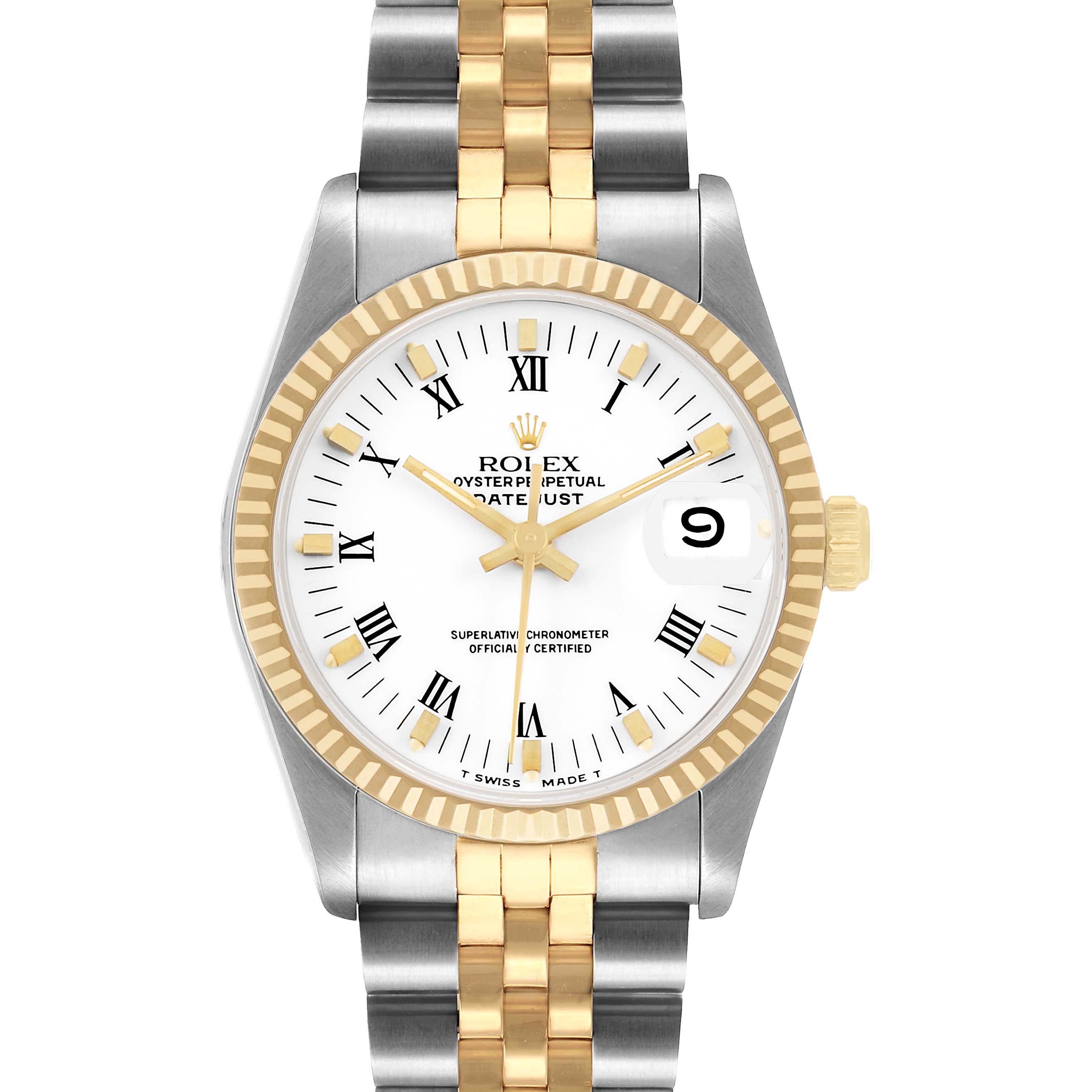The Rolex Mid-Size 68273 Women's Steel and Gold (two tone) White Dial watch is shown from the front, highlighting the face, bezel, and two-tone bracelet.