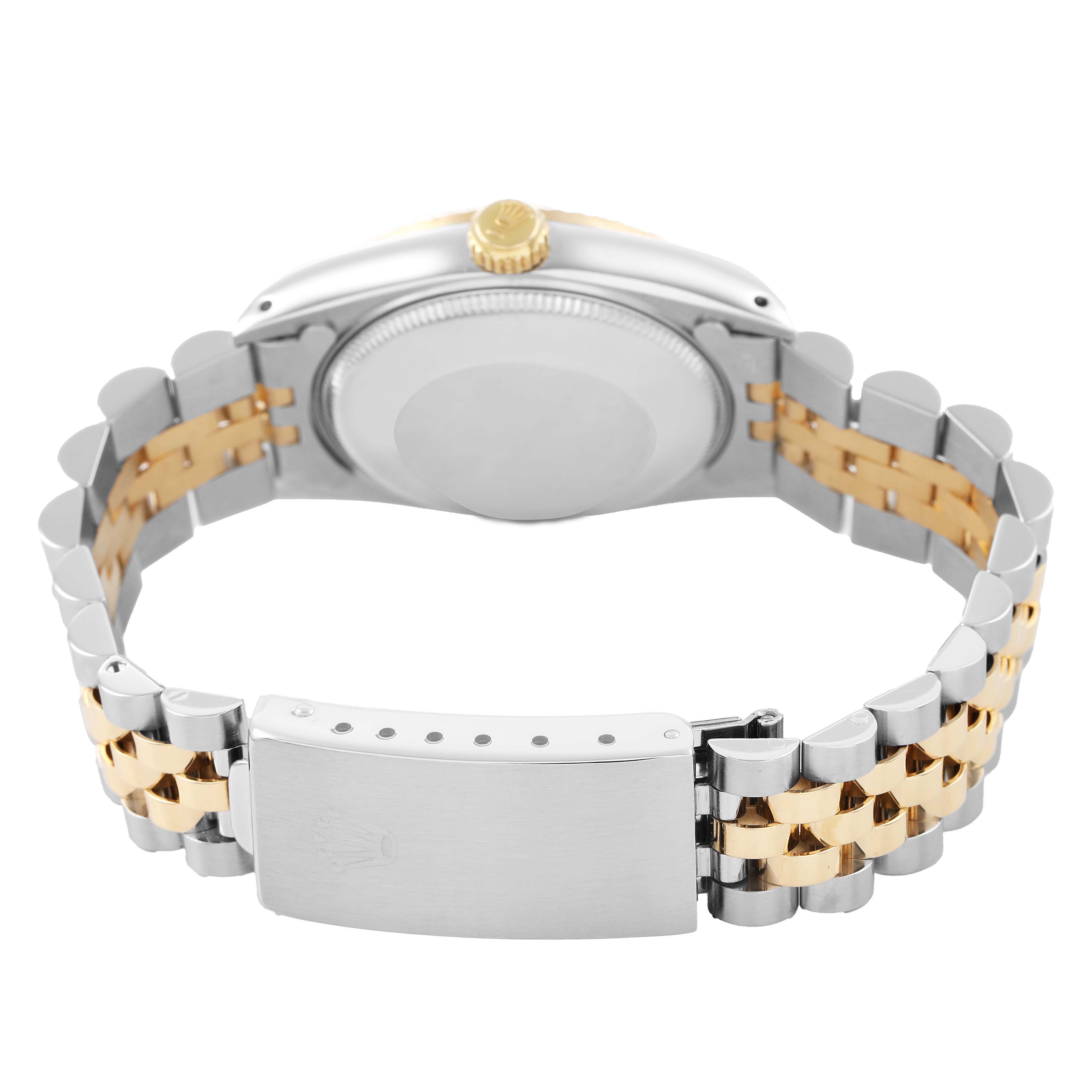 The image shows the back and side profile of a Rolex Mid-Size 68273 Women's Steel and Gold (two tone) White Dial watch, highlighting its bracelet and clasp.
