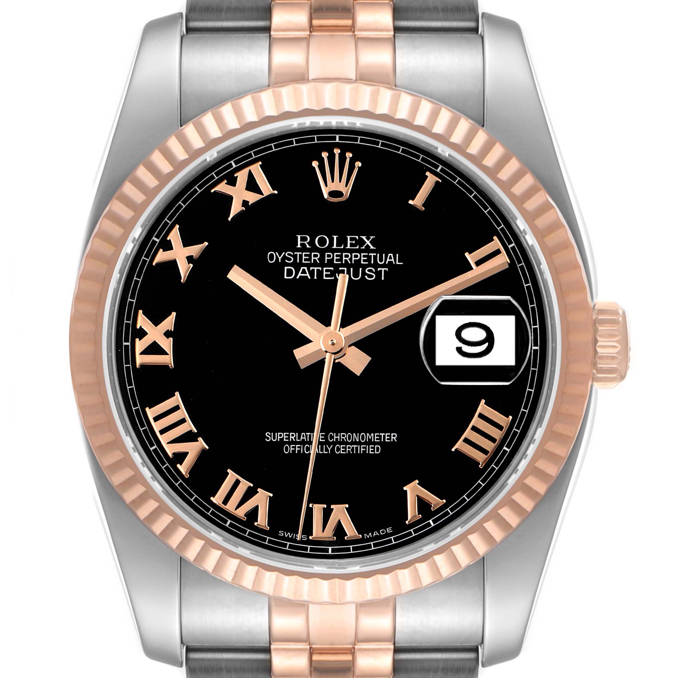 This image shows a front view of the Rolex Datejust 116231 Men's Steel and Gold (two tone) Black Dial 116231 Men's Steel and Gold (two tone) Black Dial watch, displaying its black dial, Roman numerals, and date window at 3 o'clock.