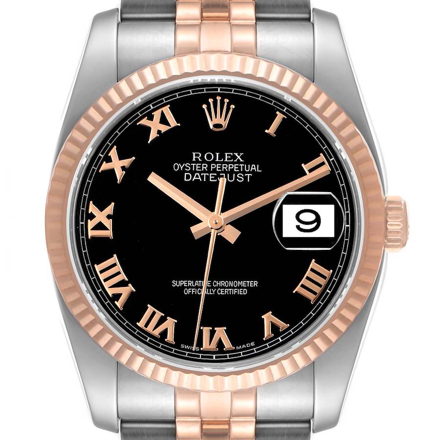 Rolex Datejust Steel Rose Gold Black Roman Dial Mens Watch 116231 SwissWatchExpo