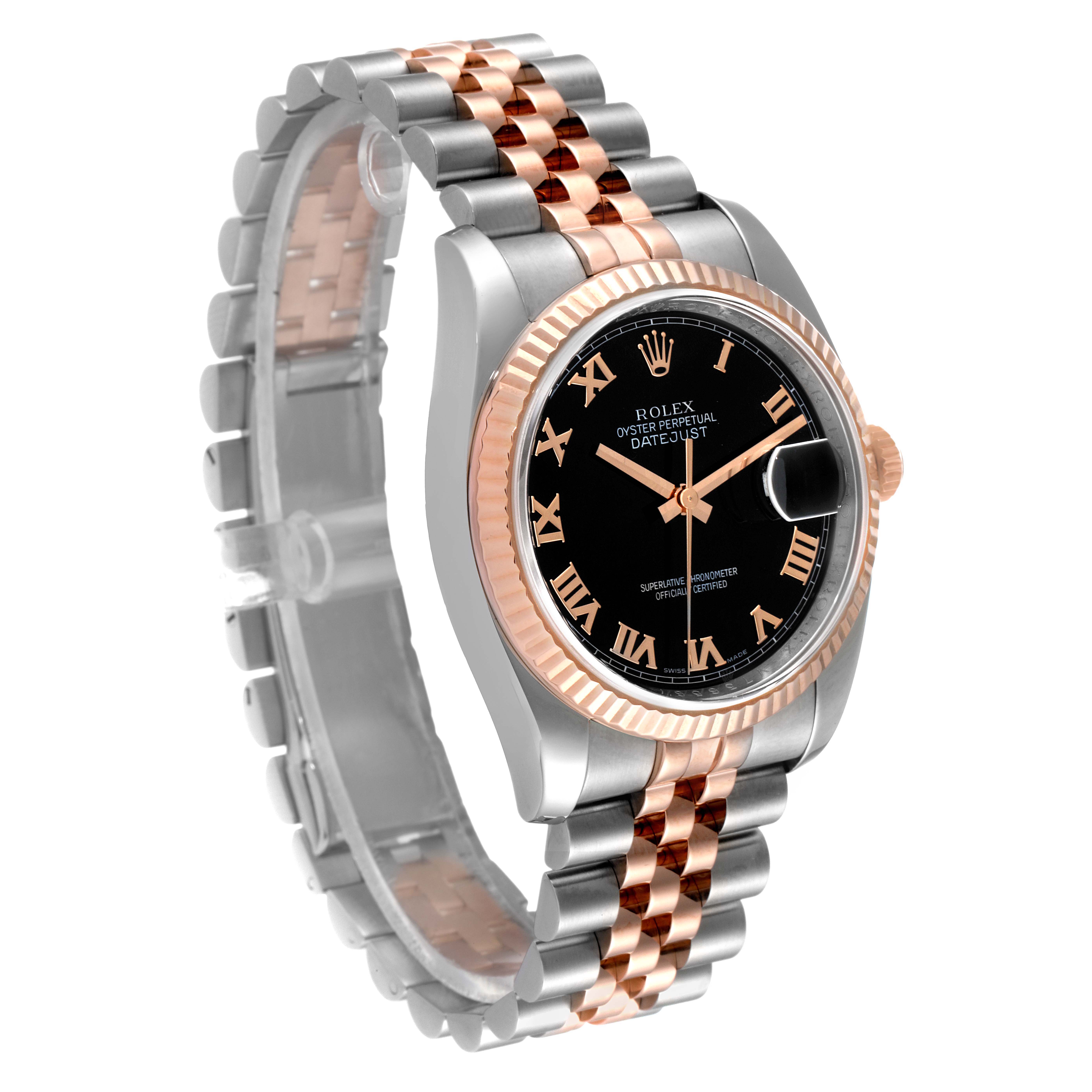 The image shows a Rolex Datejust 116231 Men's Steel and Gold (two tone) Black Dial 116231 Men's Steel and Gold (two tone) Black Dial watch at a three-quarter angle, highlighting the face, bezel, and two-tone bracelet.