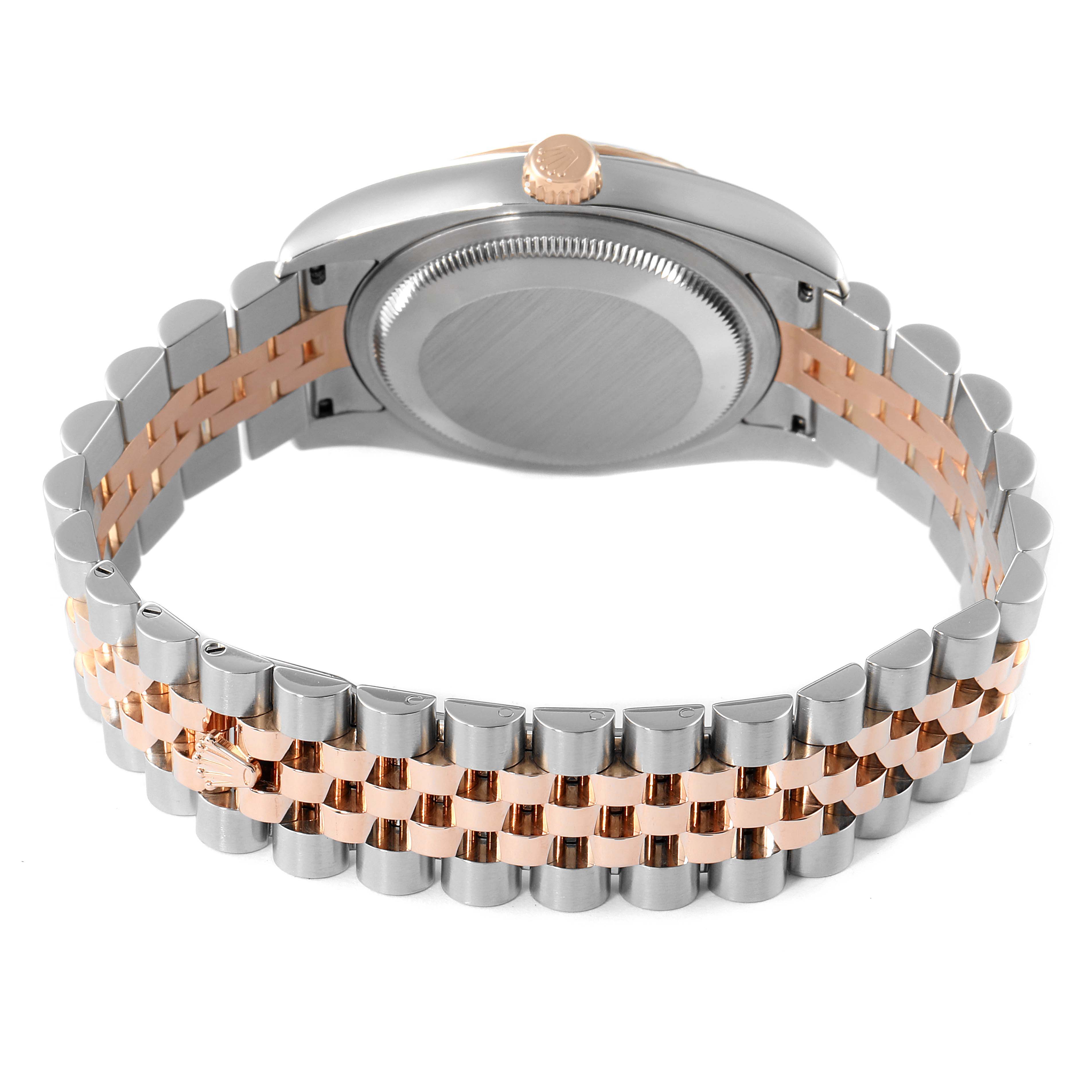 The image shows the back view of a Rolex Datejust 116231 Men's Steel and Gold (two tone) Black Dial 116231 Men's Steel and Gold (two tone) Black Dial watch, highlighting its two-tone bracelet and case back.